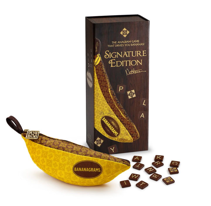BANANAGRAMS Signature Edition Word Game - 144 Tiles, 10 Luxe Tiles, Premium Fabric Pouch - 1-8 Players