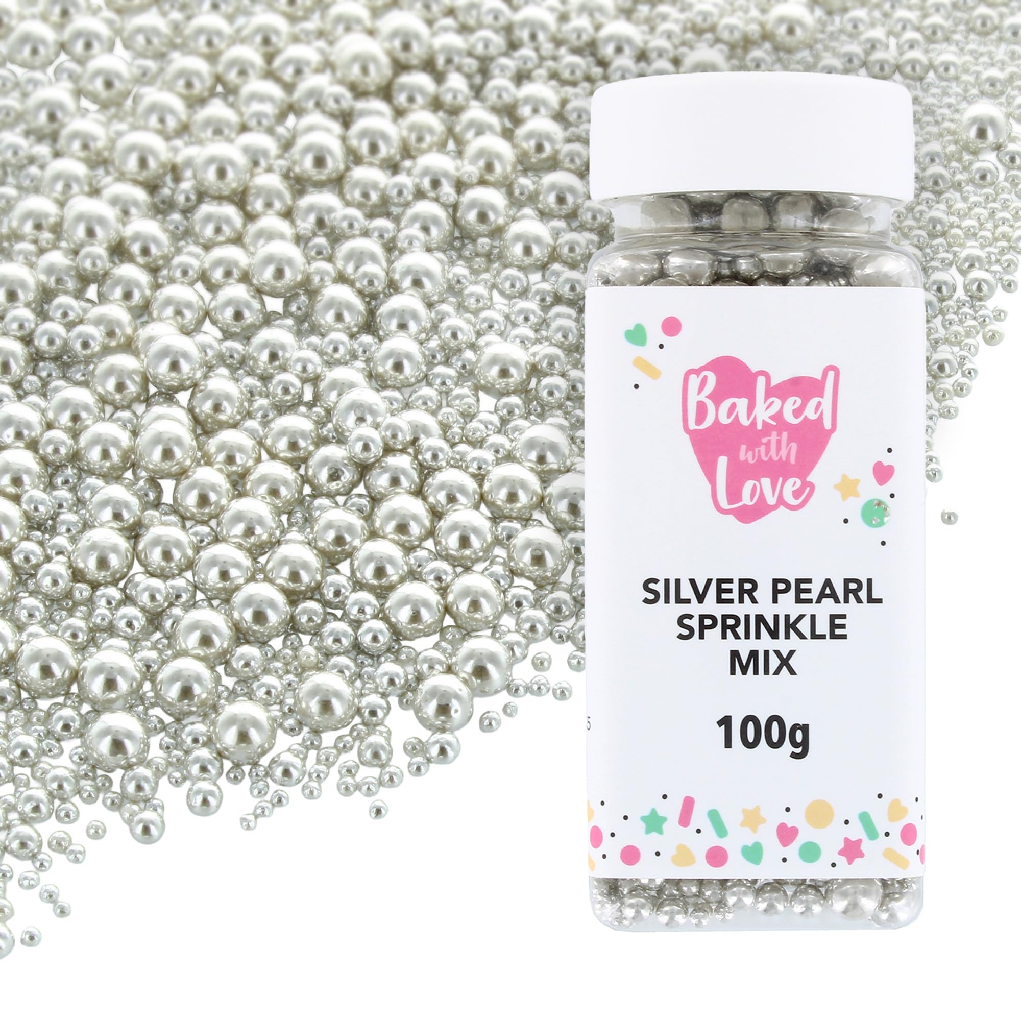 Baked with Love Silver Pearl Sprinkles - Edible Sugar Balls for Cakes & Cupcakes | 100g 1