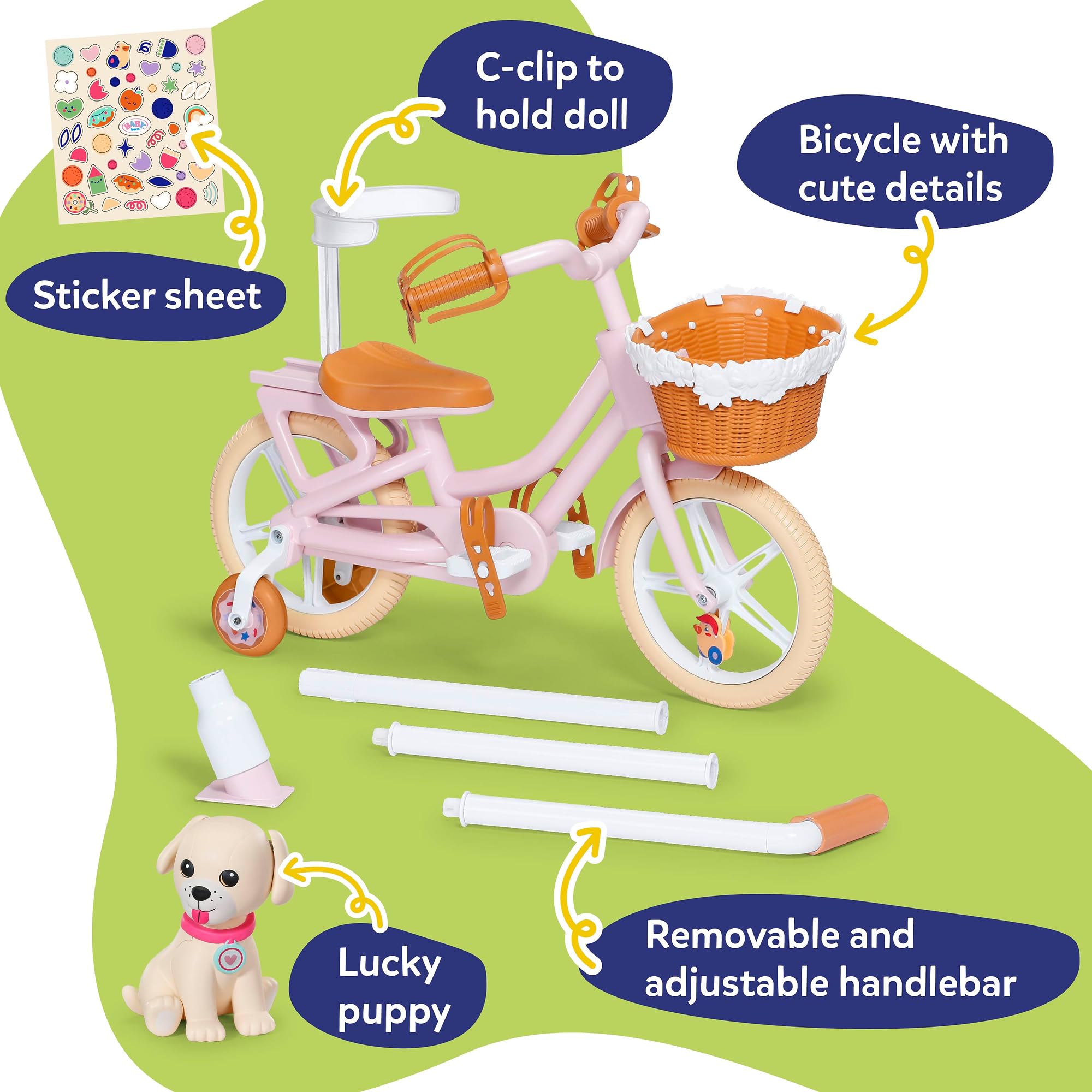 BABY born Doll Bicycle with Lucky Dog Carrier | Height-Adjustable Handle | Brown Plastic 2
