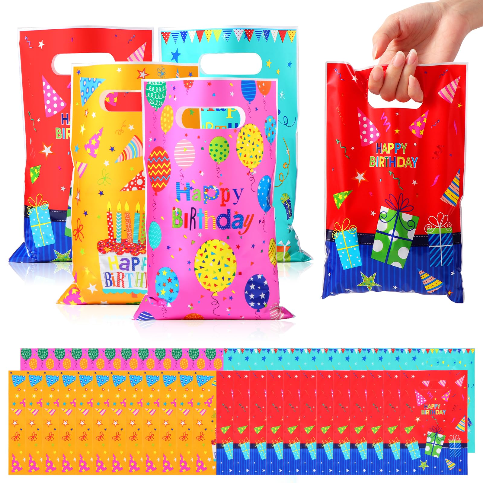 Brencco Kids Birthday Party Gift Bags - 50 PCS Value Set | 16.5x25 cm | 4 Assorted Colors