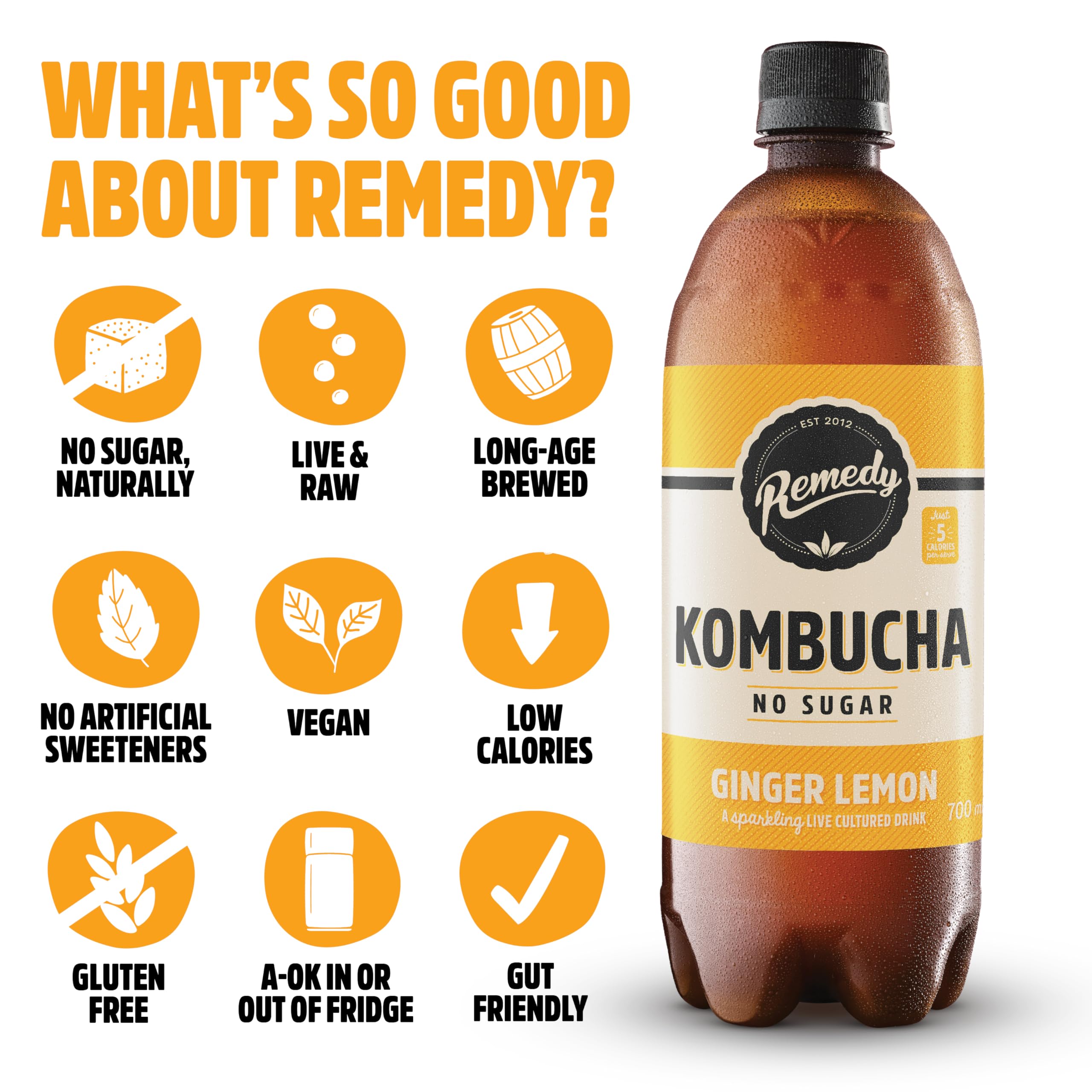 Remedy Drinks Kombucha Tea - Ginger Lemon Sparkling Live Cultured | 1 x 1L