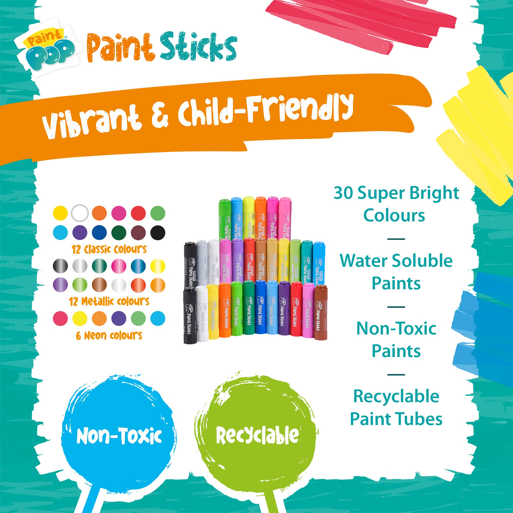 Paint Pop Paint Sticks - 30 Pack Assorted Colors | Mess-Free Painting for Kids 5
