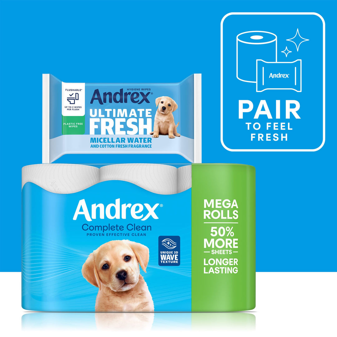 Andrex Complete Clean 12 Mega Toilet Rolls (Equivalent to 18 Standard Rolls), 50% More Sheets, White