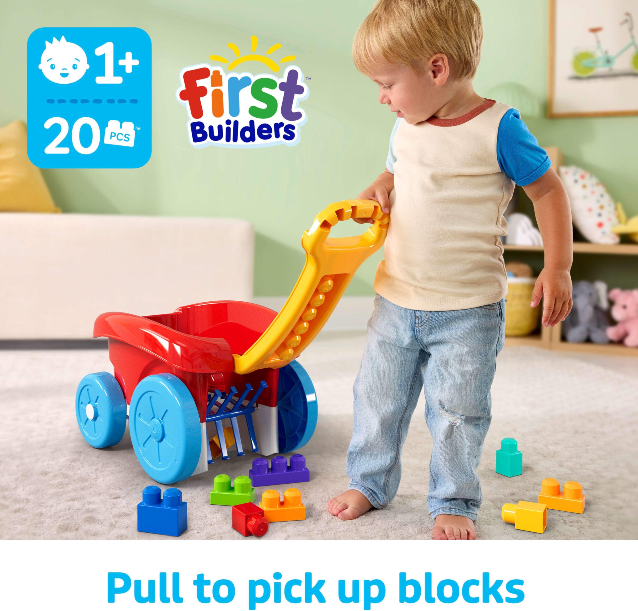MEGA BLOKS First Builders Toddler Building Toy - Block Scooping Pull Wagon with 20 Big Building Blocks for Ages 1+ 8