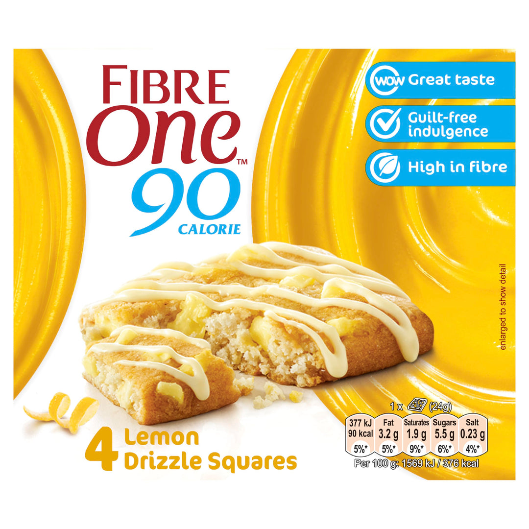 Fiber One 90 Calorie Lemon Drizzle Squares, High Fibre Snack Bar with Lemon Flavour Pieces & Drizzle, 24g (Pack of 7)