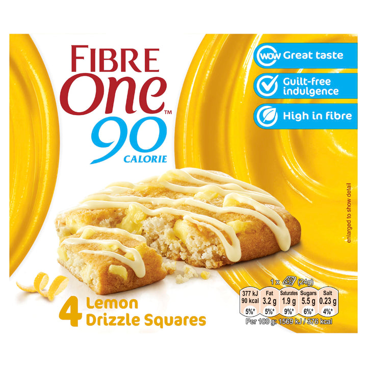Fiber One 90 Calorie Lemon Drizzle Squares, High Fibre Snack Bar with Lemon Flavour Pieces & Drizzle, 24g (Pack of 7)