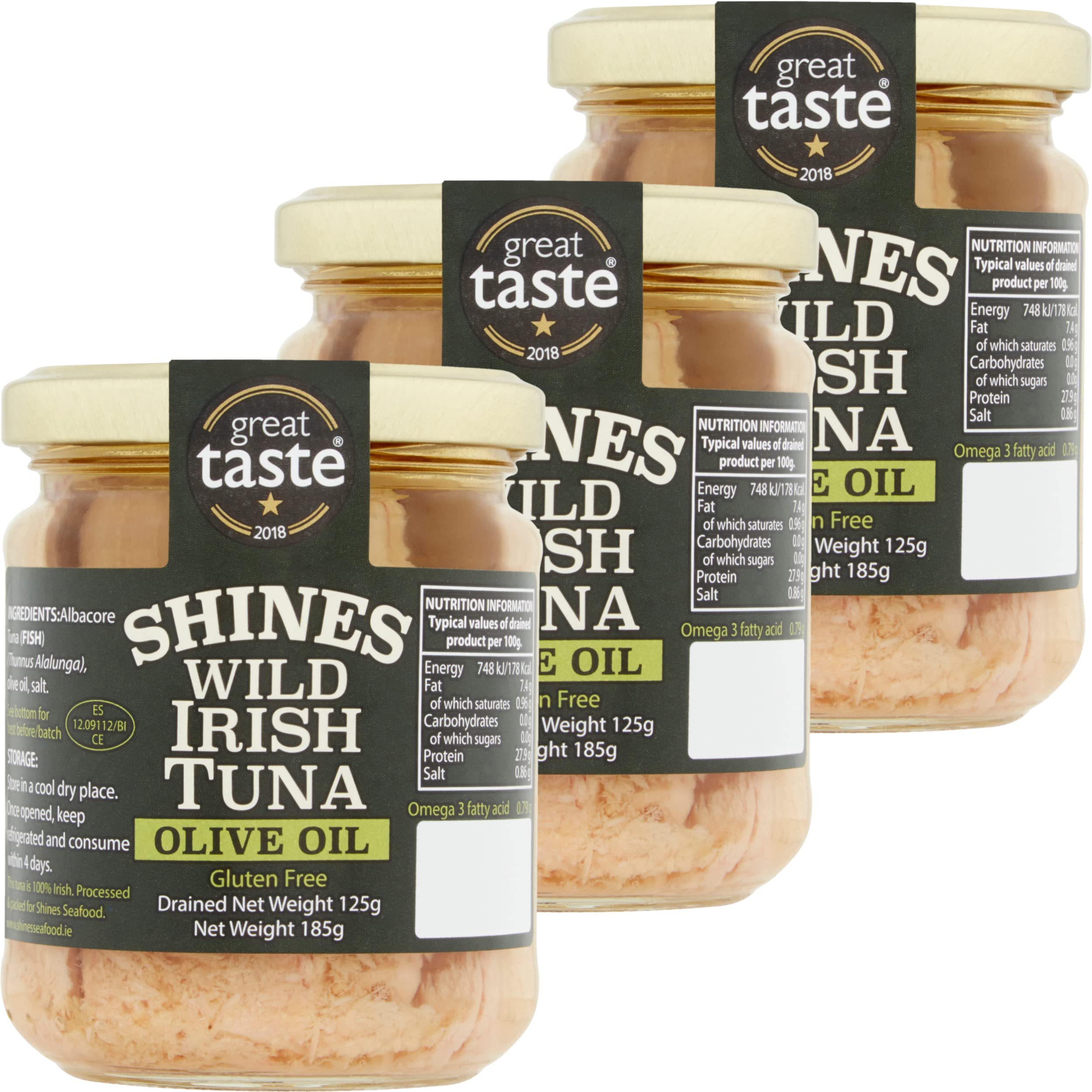 Shines Wild Irish Albacore Tuna in Olive Oil - 3 x 185g Tins | High Protein, Low Carb, Gluten-Free