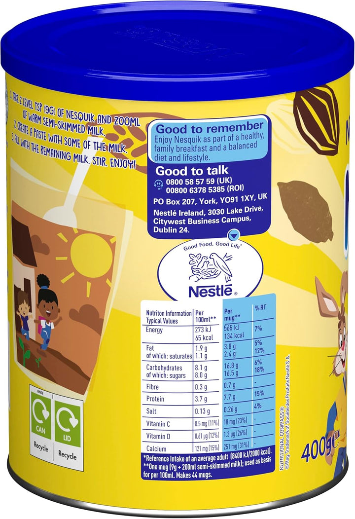 Nesquik Hot Chocolate Powder 400g - Gluten Free, No Artificial Ingredients, Sustainably Sourced Cocoa