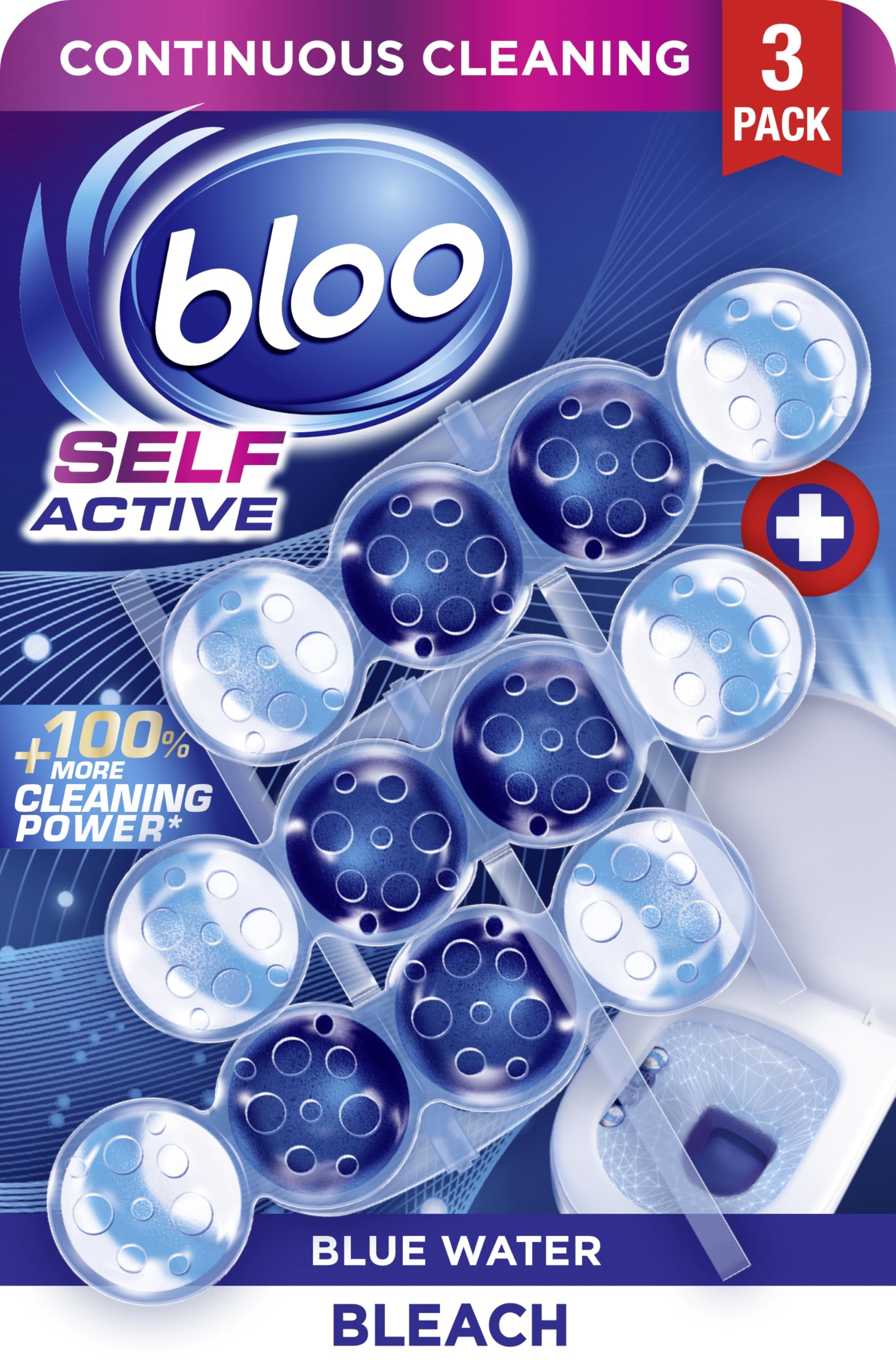 Bloo Self Active Bleach Toilet Rim Block - 4-Function Formula, Pack of 3