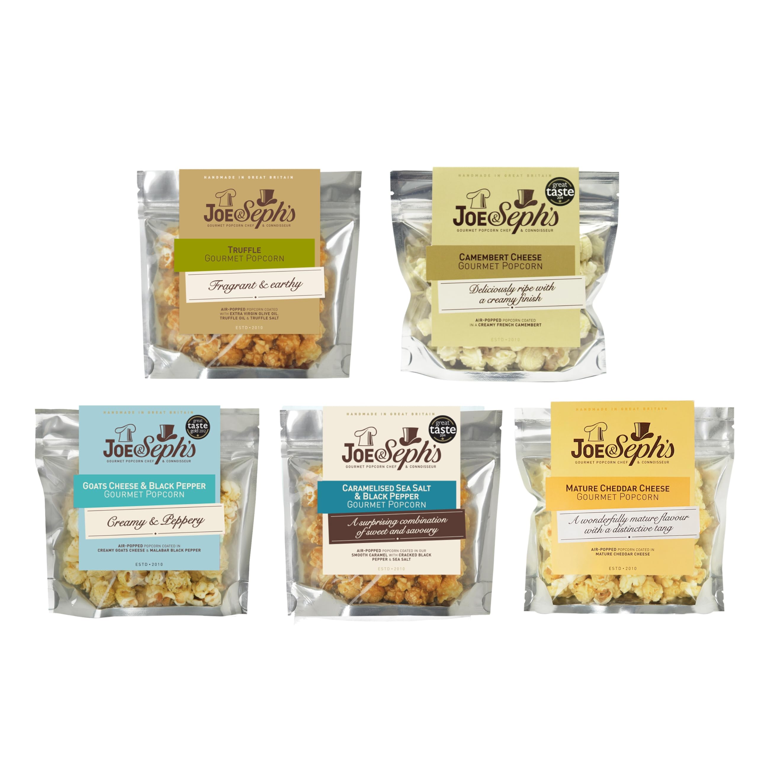 Joe & Seph's Savoury Popcorn Tasting Selection (5x30g) - Goats Cheese & Black Pepper, Cheddar, Truffle, Chilli, Camembert 5