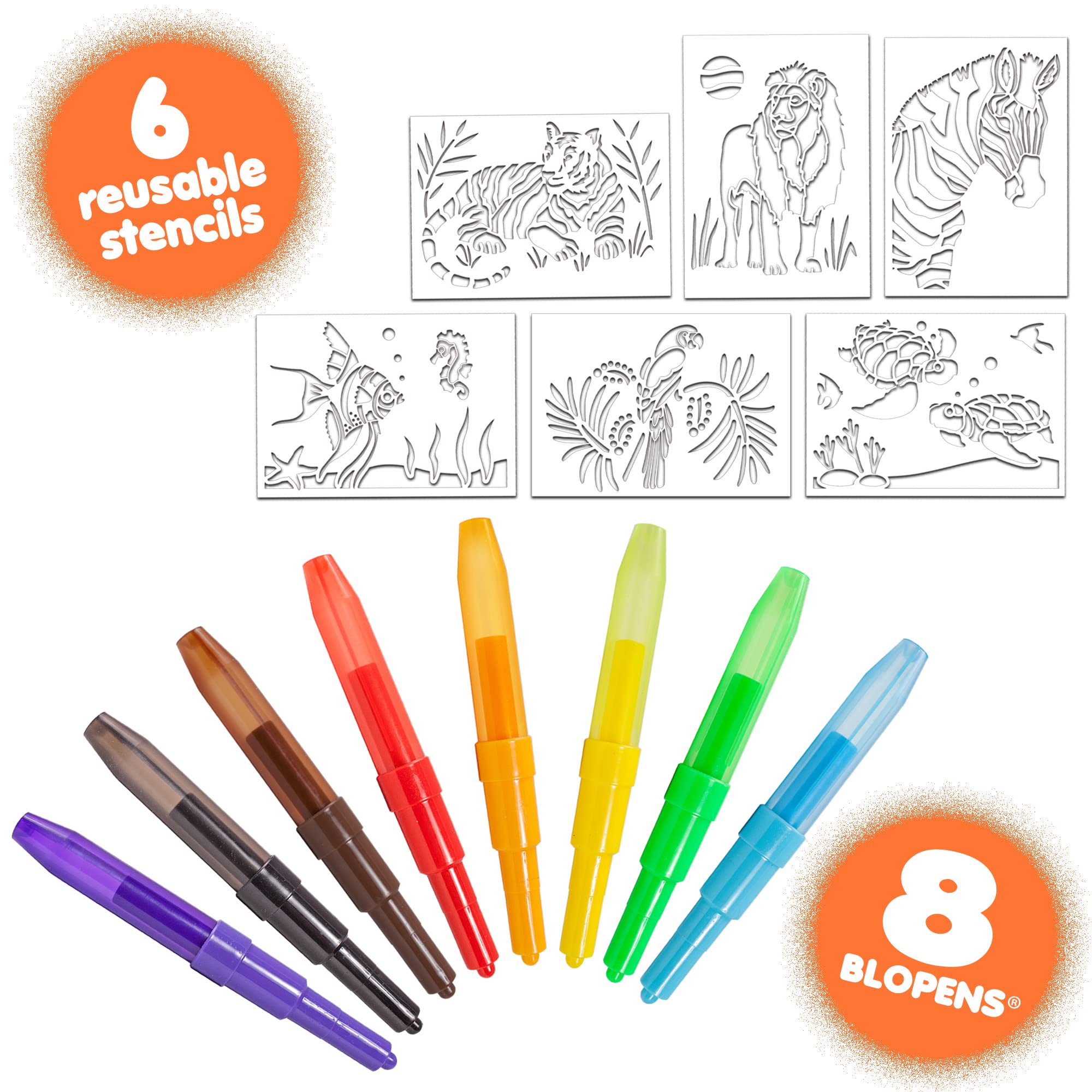 John Adams BLOPENS Animal Activity Set - 8 Colors & 6 Reusable Stencils for Airbrush Drawing 9