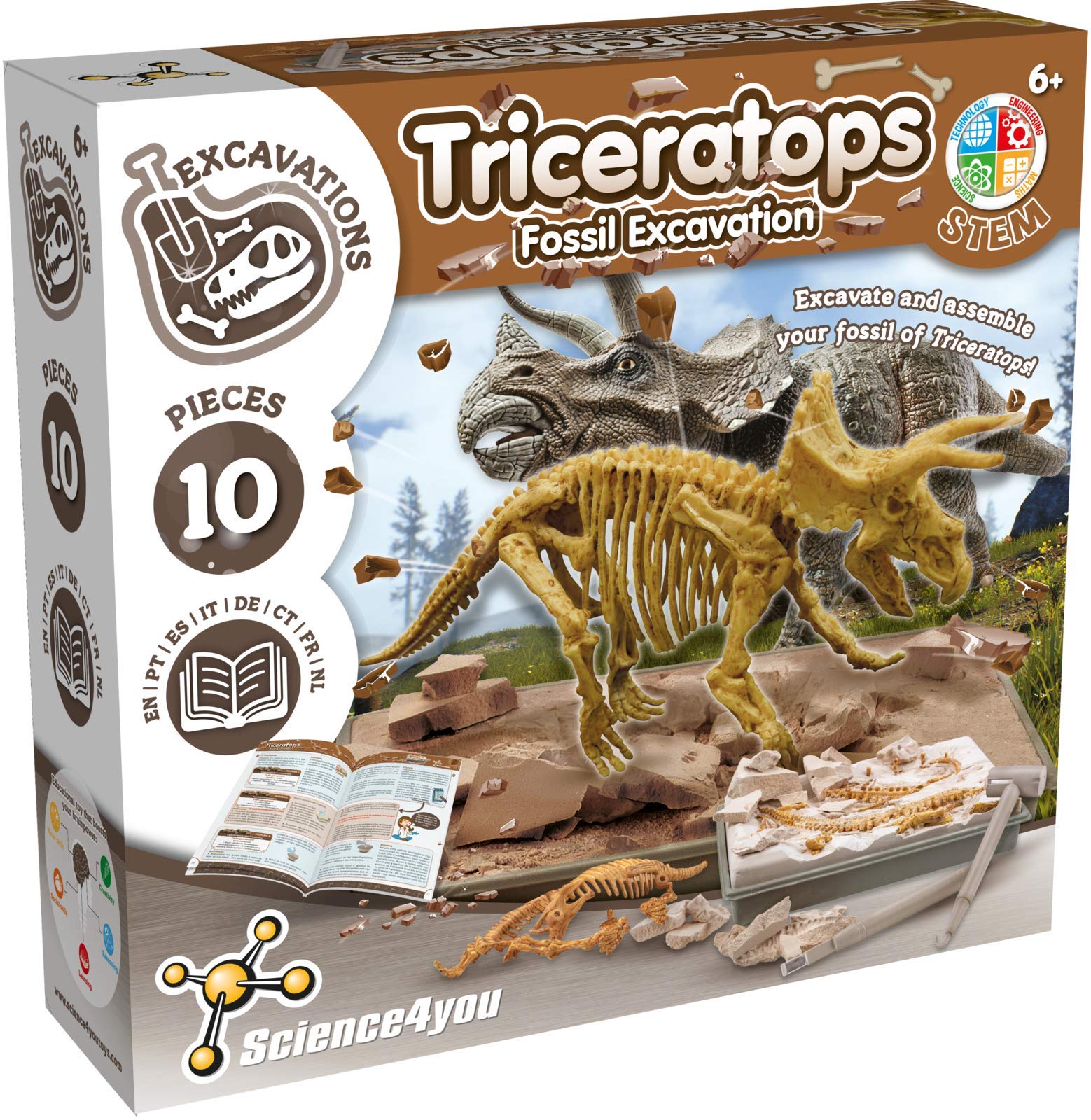 Science4you Triceratops Fossil Digging Kit - 10-Piece Dinosaur Excavation Set for Kids 6+