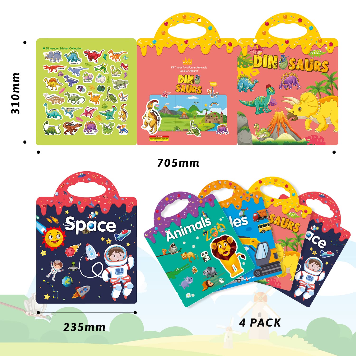 GUYUCOM 4 Pack Reusable Sticker Books for Kids Ages 3+ | Dinosaur, Animal, Space, Vehicle Themes 5
