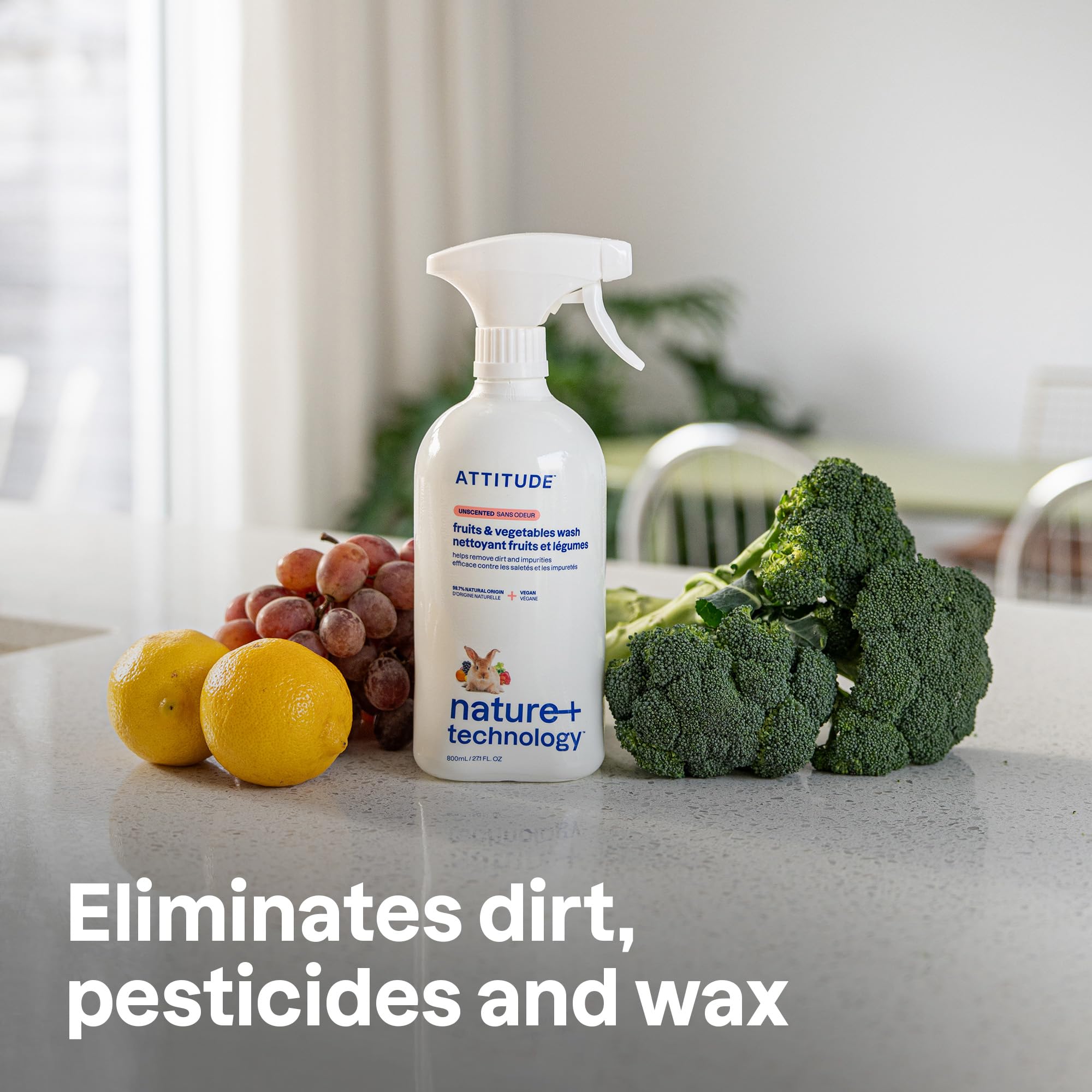 ATTITUDE Fruit and Vegetable Wash - Removes Wax, Dirt, Impurities | Unscented | 800 ml