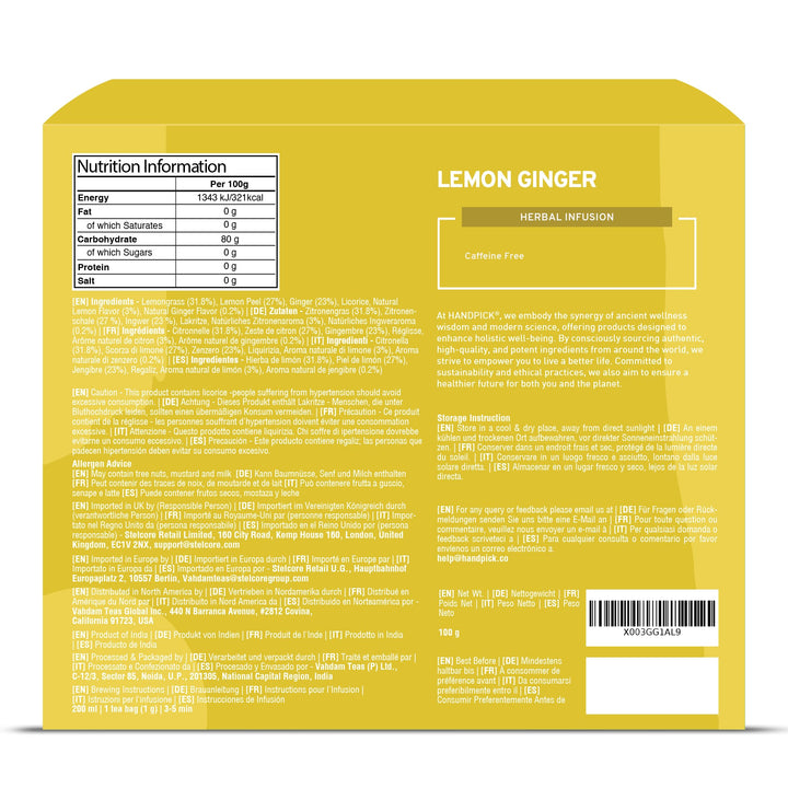 HANDPICK Lemon Ginger Tea Bags (100 Count) | Herbal Tea with Lemon, Ginger, Lemongrass & Licorice | Eco-Conscious Round Tea Bags for Hot or Cold Brew
