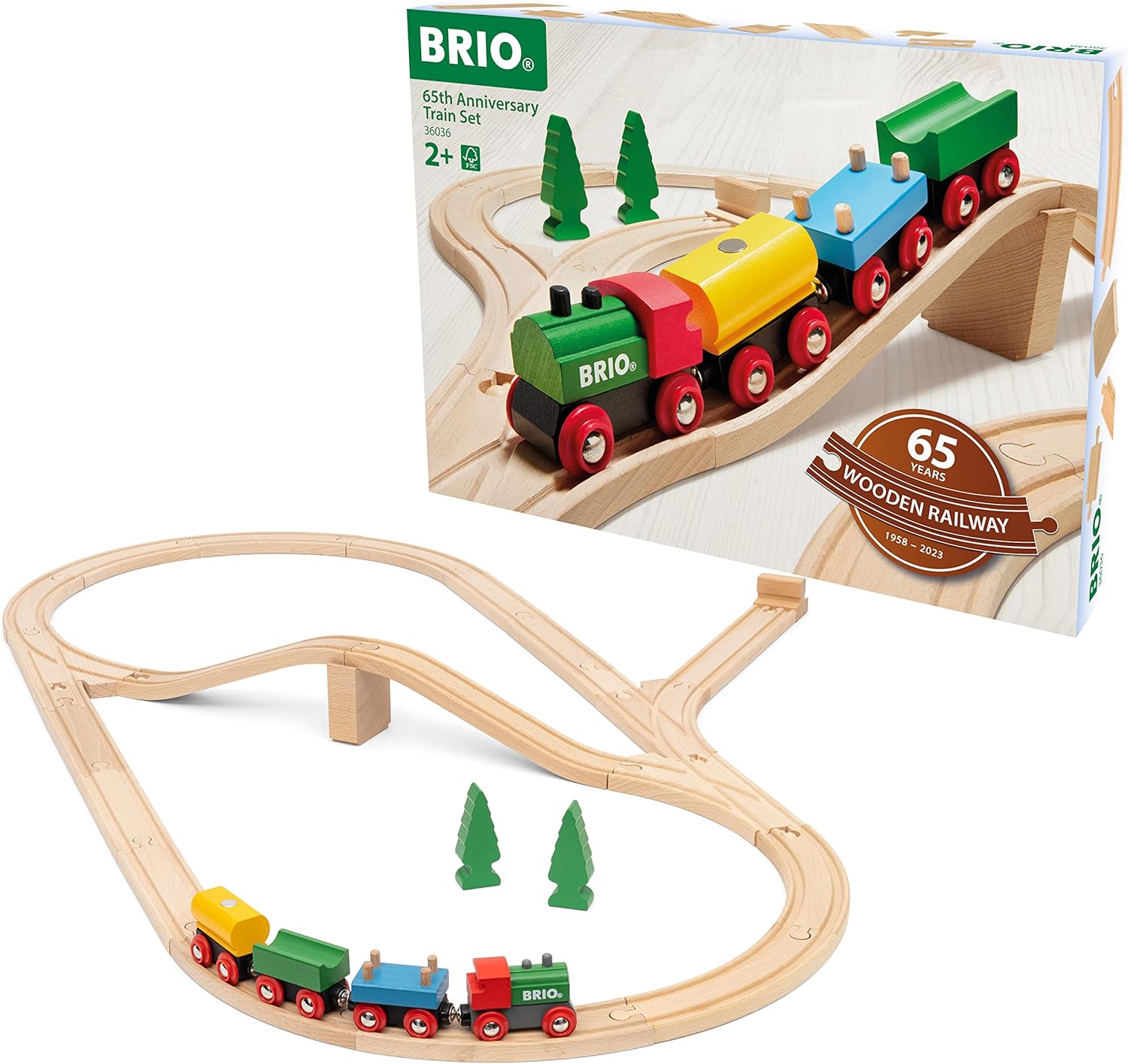 BRIO 65th Anniversary Wooden Railway Train Set - 32-Piece Classic Train Playset for Kids 3+