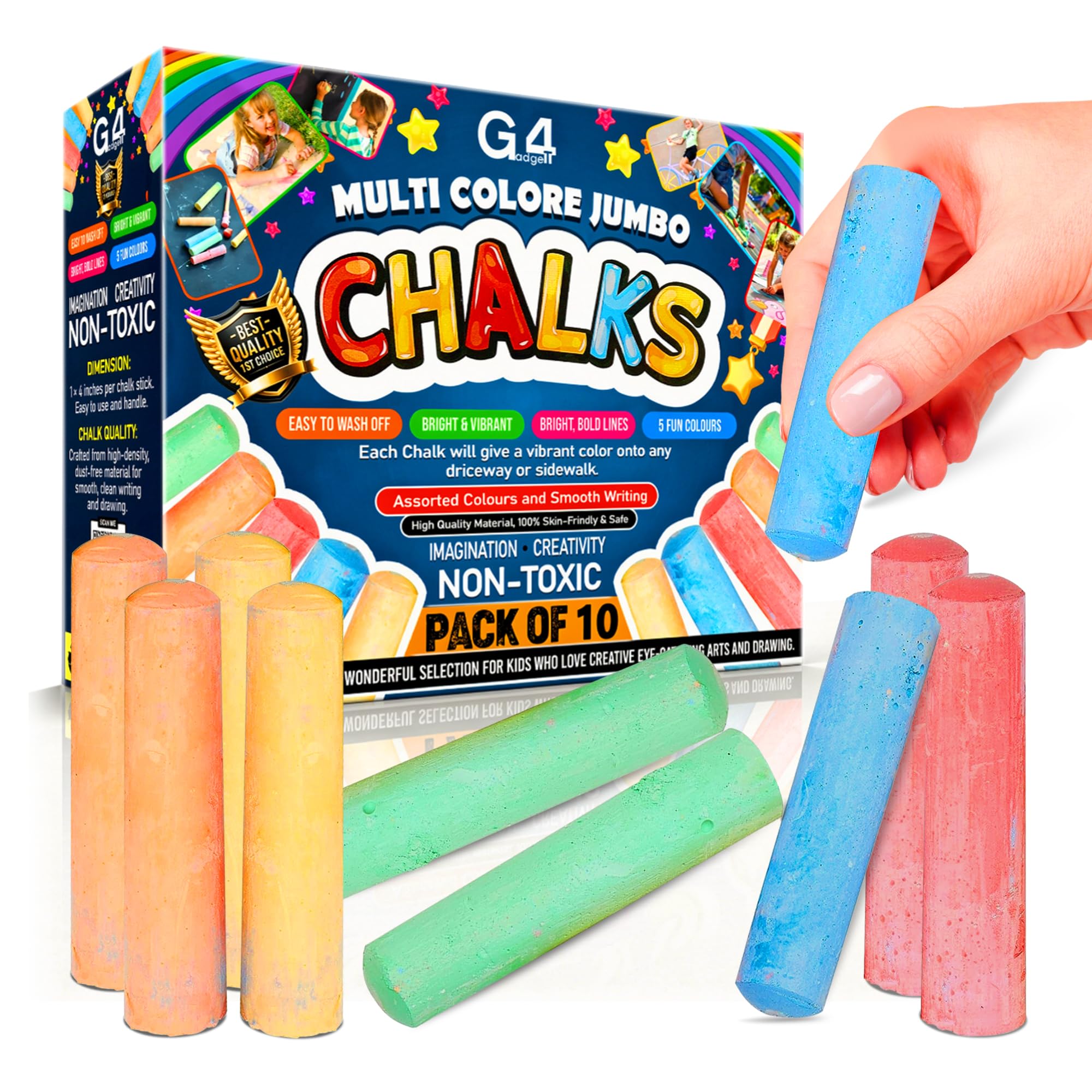 G4GADGET Jumbo Chalks for Kids – 10 Pack Giant Chunky Outdoor Pavement Chalk | Washable & Non-Toxic