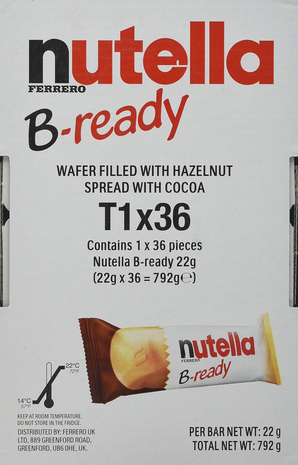 Nutella B-Ready Hazelnut Chocolate Biscuits, 22g, Pack of 36 Individually Wrapped Bars