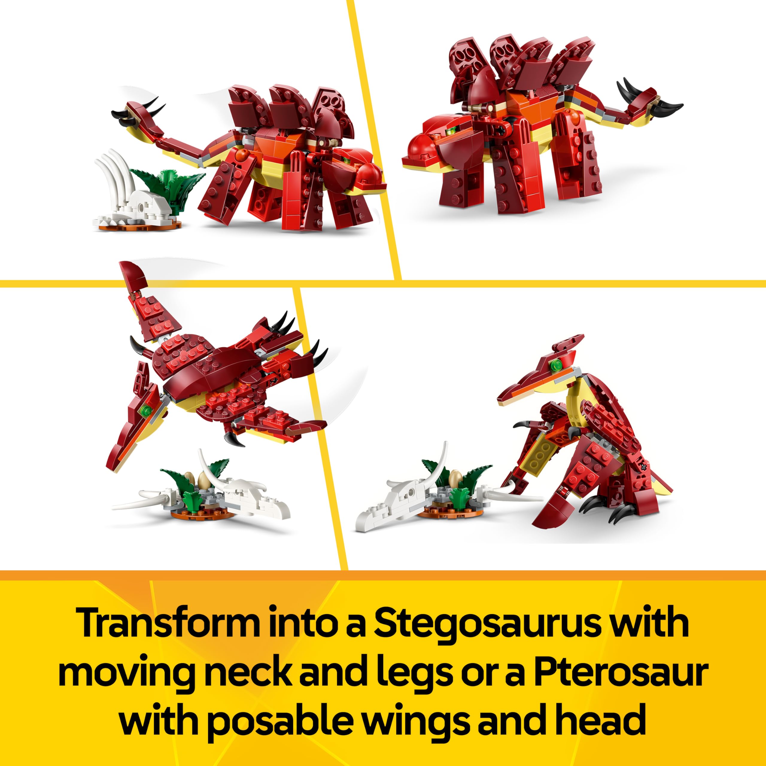 LEGO Creator 3in1 Fierce Dinosaur Toy - Build Velociraptor, Stegosaurus or 4