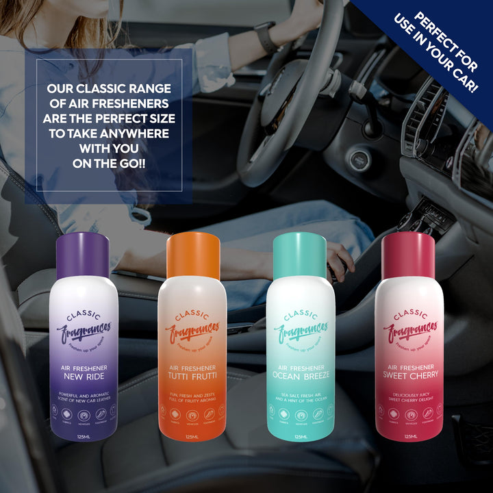 Designer Fragrances New Ride 4 Pack - 125ml Portable Air Freshener Sprays for Car, Home & On the Go