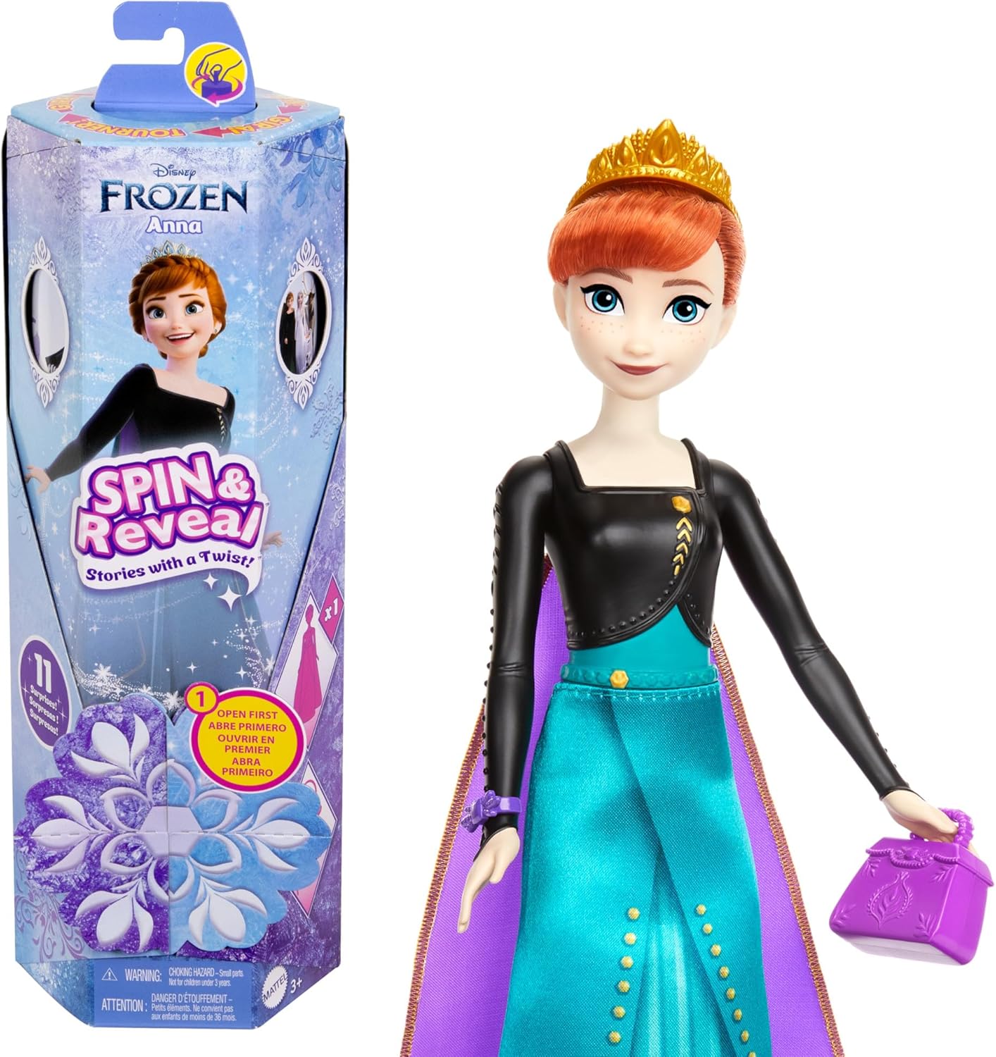 Mattel Disney Frozen Anna Spin & Reveal Fashion Doll Set with 11 Surprises
