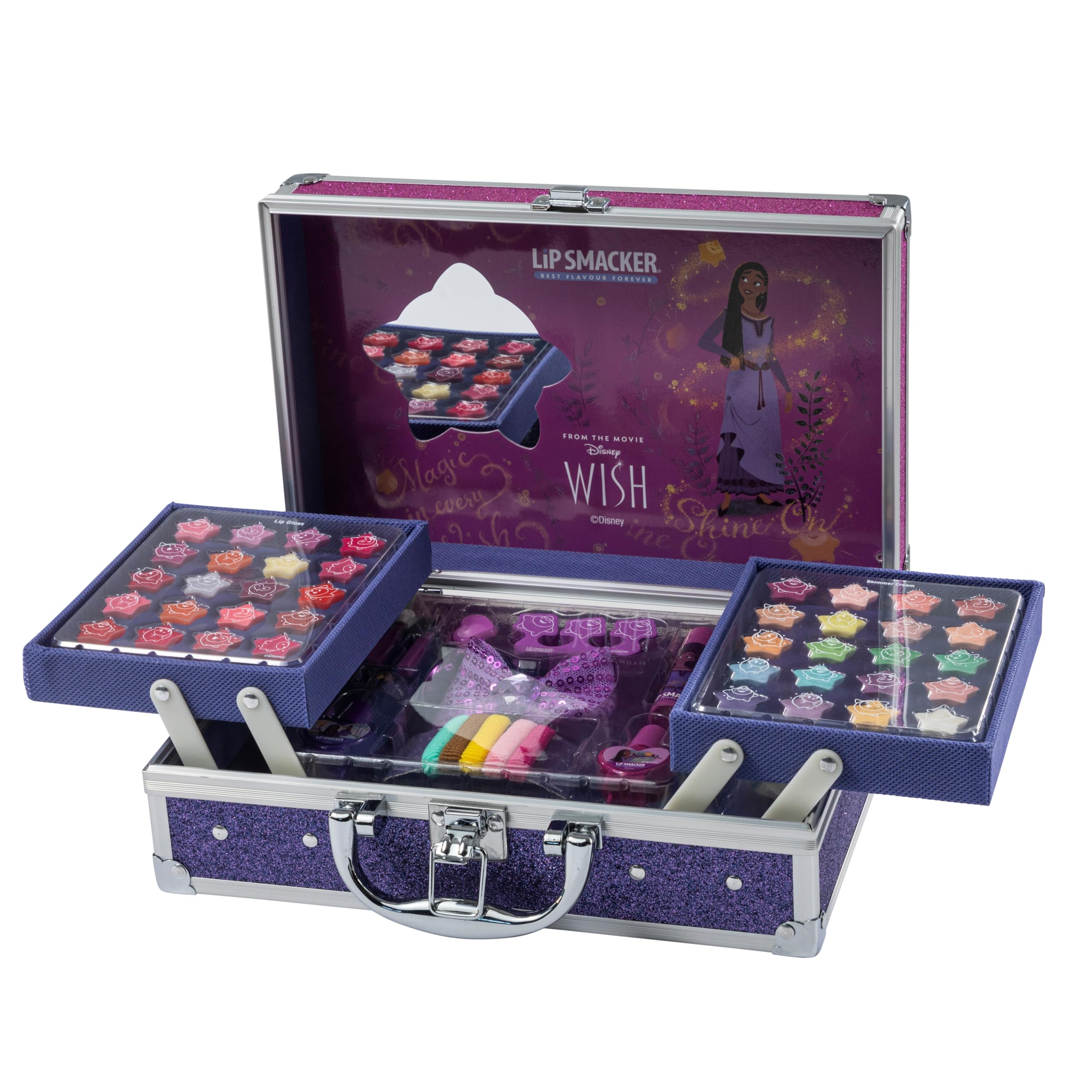 Lip Smacker Disney Wish Makeup Traincase for Kids, Multicolor Plastic Cosmetic Case with 20 Lip Glosses, 20 Eyeshadows, 2 Nail Polishes & Accessories 9