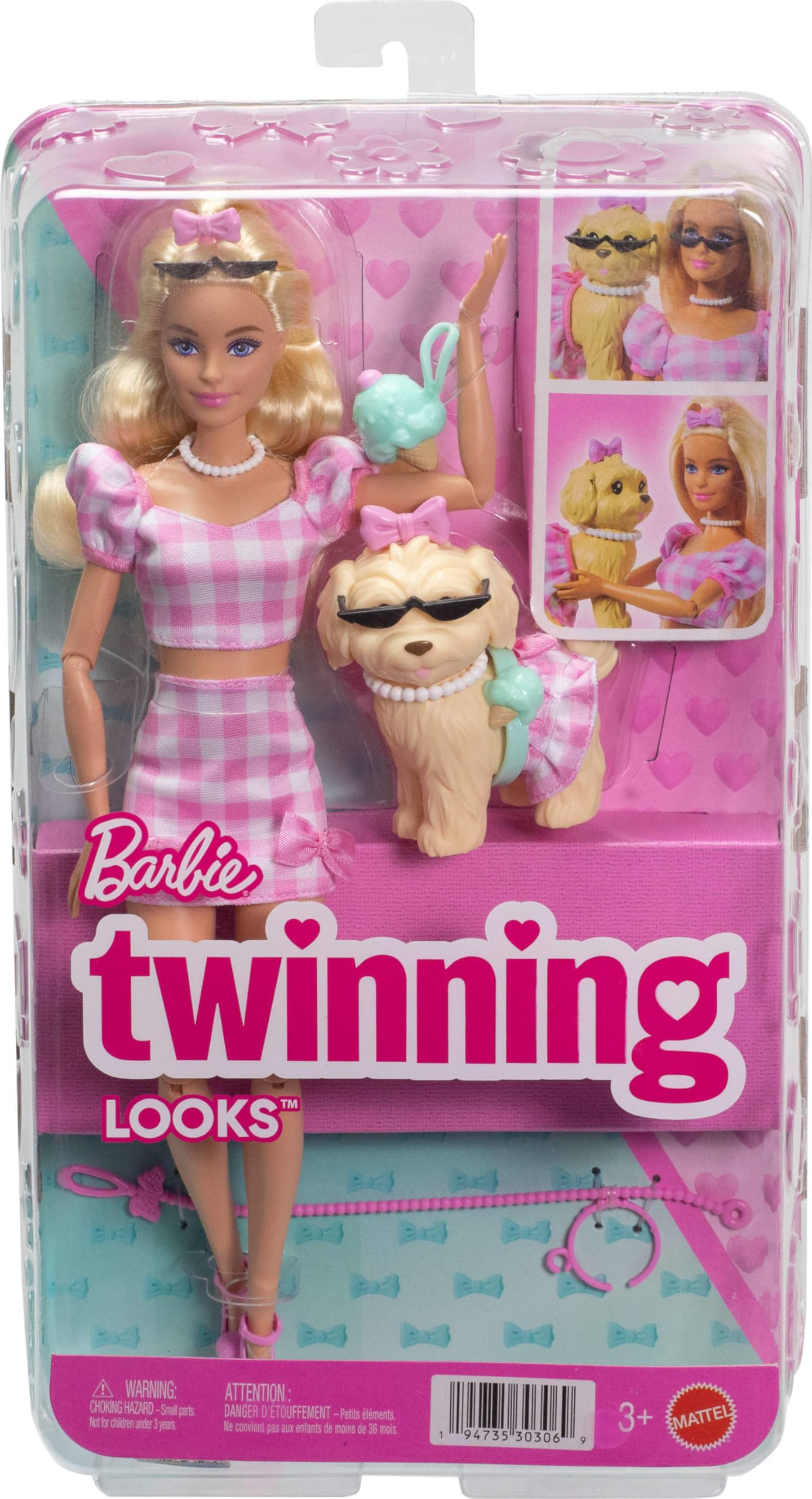 Barbie Twinning Looks Doll with Pet Dog - Matching Pink Gingham Outfits & Accessories, JFP36 12