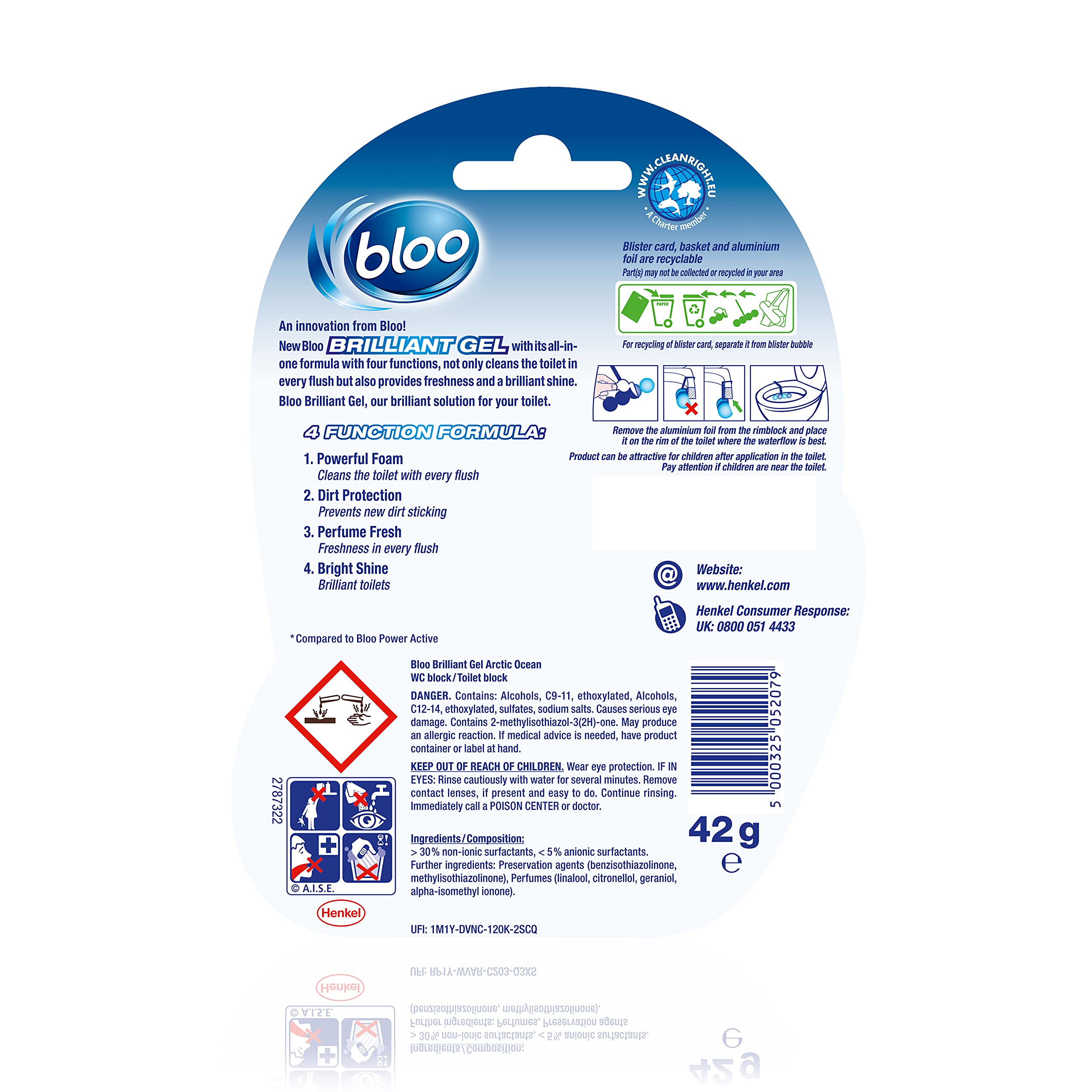 Bloo Brilliant Gel All in 1 Toilet Rim Block Cleaner - Arctic Ocean Fresh Scent | 42 g (Pack of 1) 2