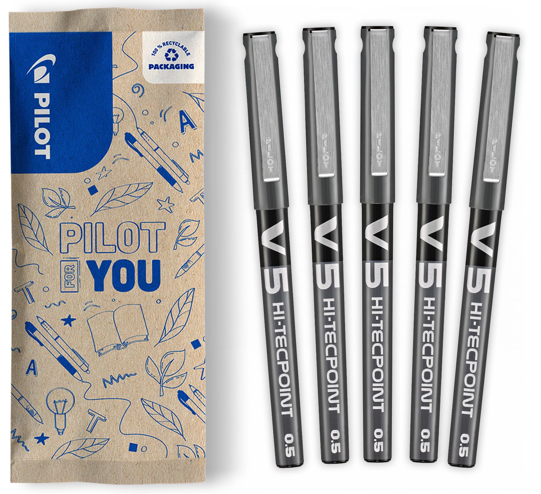PILOT V5 Hi-Tecpoint Liquid Ink Rollerball Pen - Fine 0.5mm Tip | Pack of 5 Black Pens