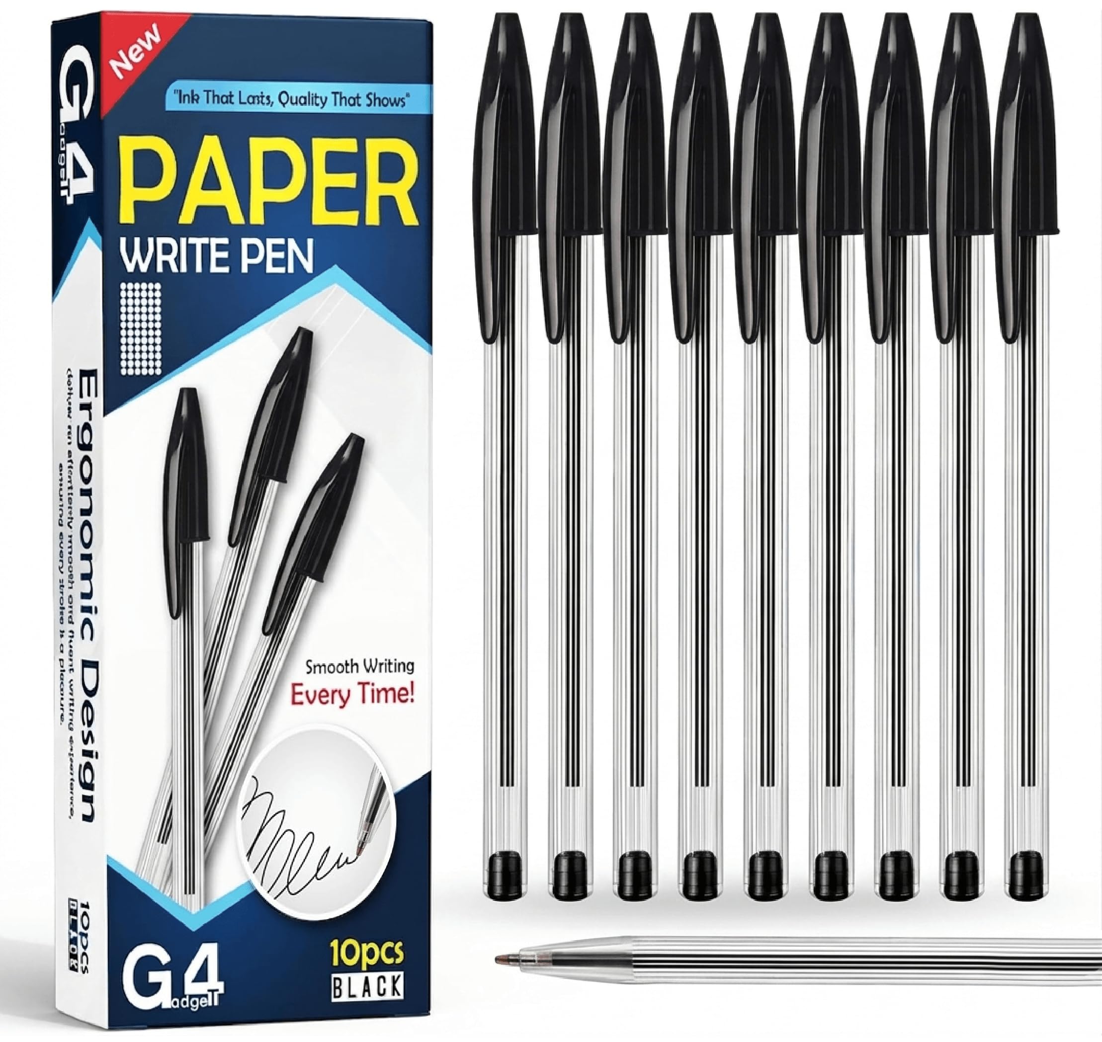 G4GADGET Premium Ballpoint Pens - Pack of 10 Black Ink Medium Tip | 0.5mm Line | Ergonomic Grip