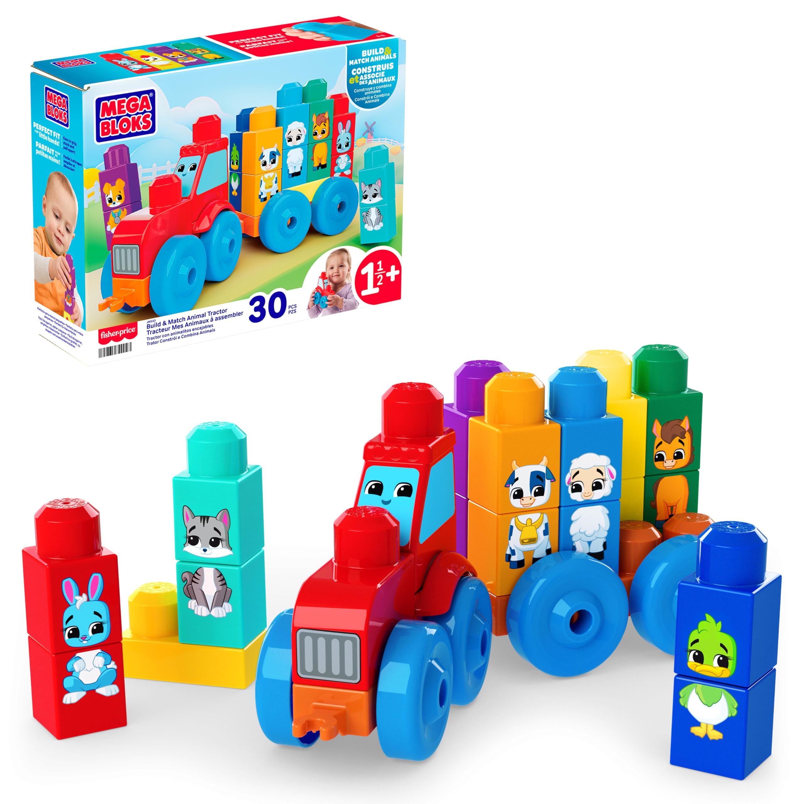 Mega Bloks First Builders Toddler Block Toys Set - Build & Match Animal Tractor, 30 Pieces, Ages 1.5+