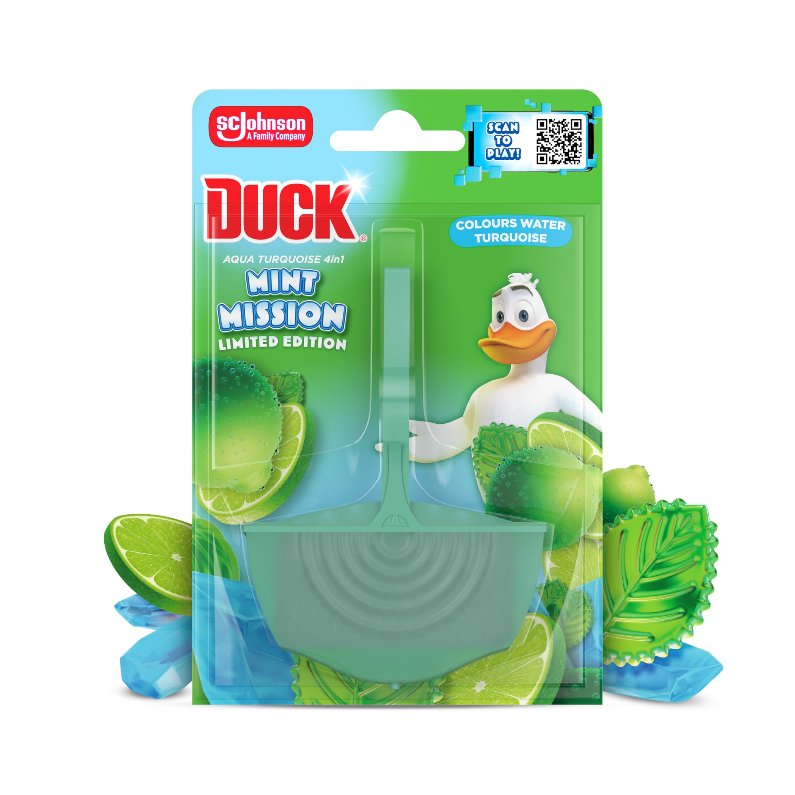 DUCK Colouring Toilet Rim Block - Mint Mission Scent | Anti-Limescale | Colors Water Turquoise
