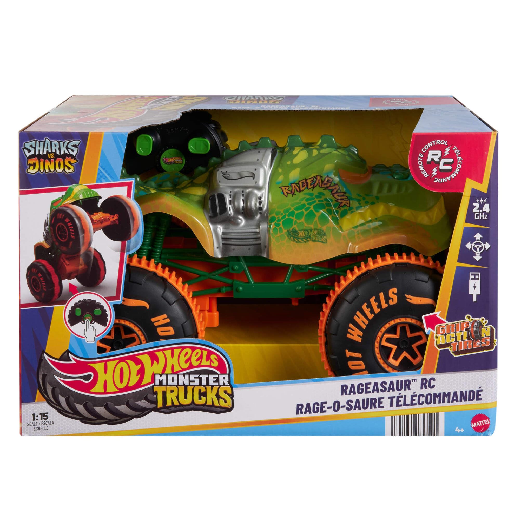 Hot Wheels Monster Trucks RC Rageasaur - 1:15 Scale Remote-Controlled Vehicle with Grip Action Tires & Wheelie Mode 5