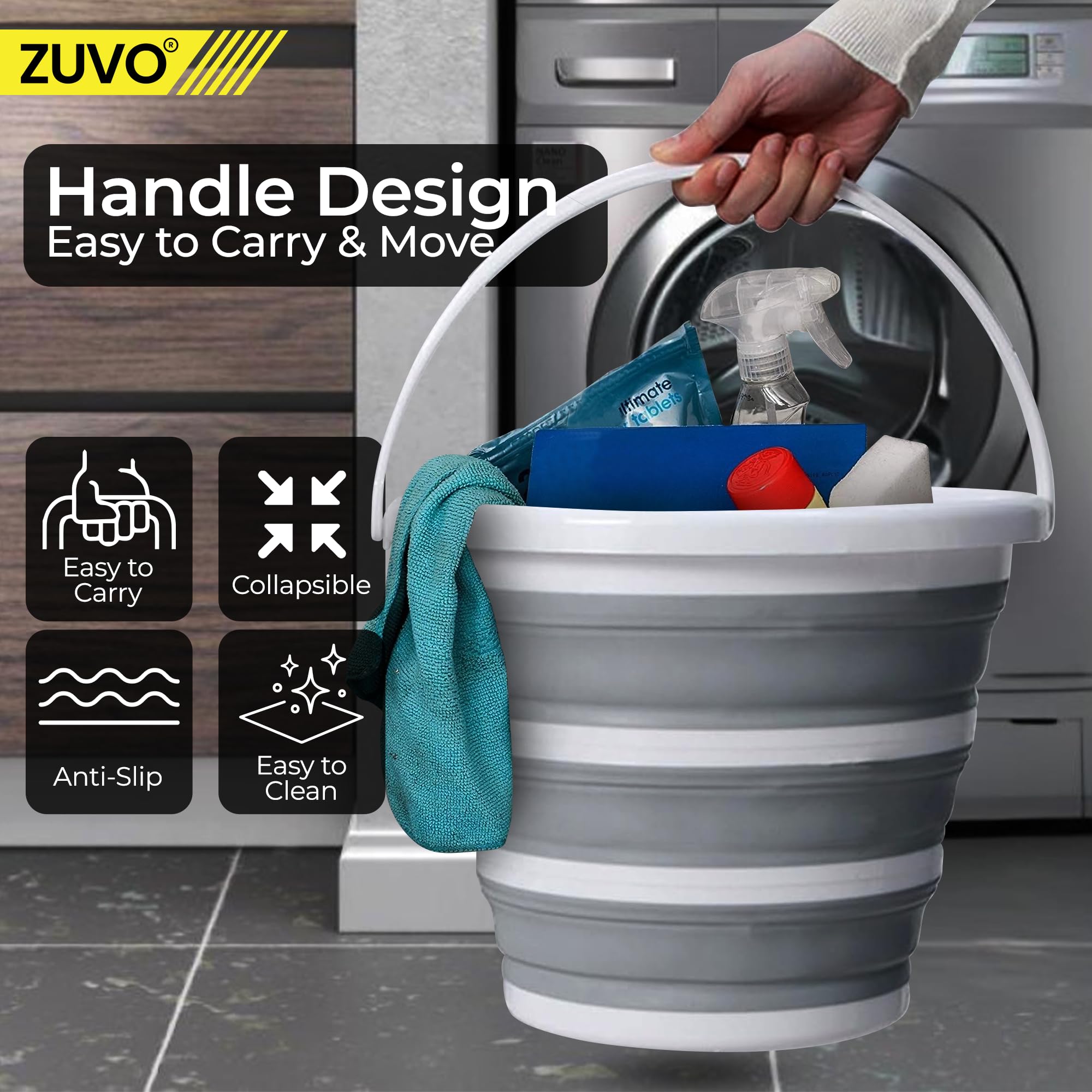 Zuvo Collapsible Bucket - 10L Capacity | Silicone Folding Design | White/Grey 6