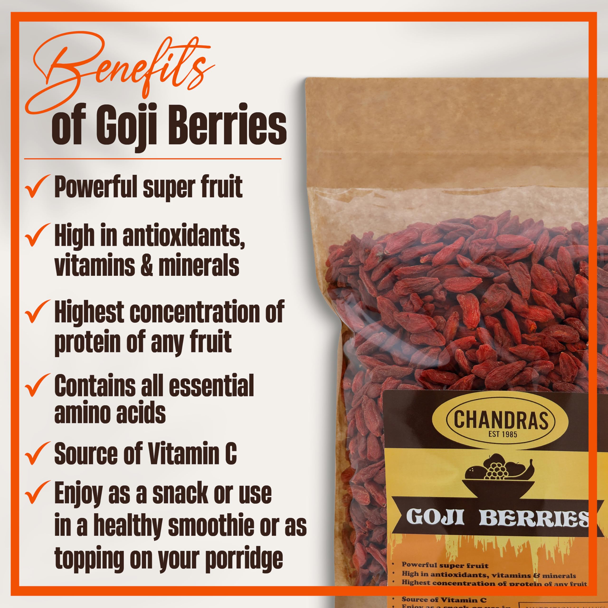 Chandra Whole Foods - Goji Berries 1KG - 100% Pure Dried Superfruit 4