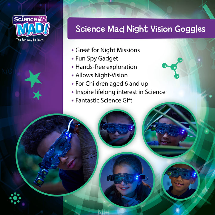 Science Mad! Night Vision Goggles for Kids - 2x Magnification & LED Lights - Black
