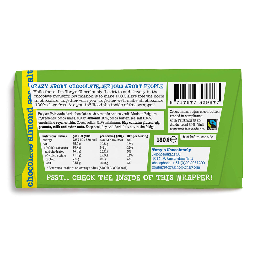 Tony's Chocolonely Dark Chocolate Almond Sea Salt Bar - 180g Belgian Fairtrade