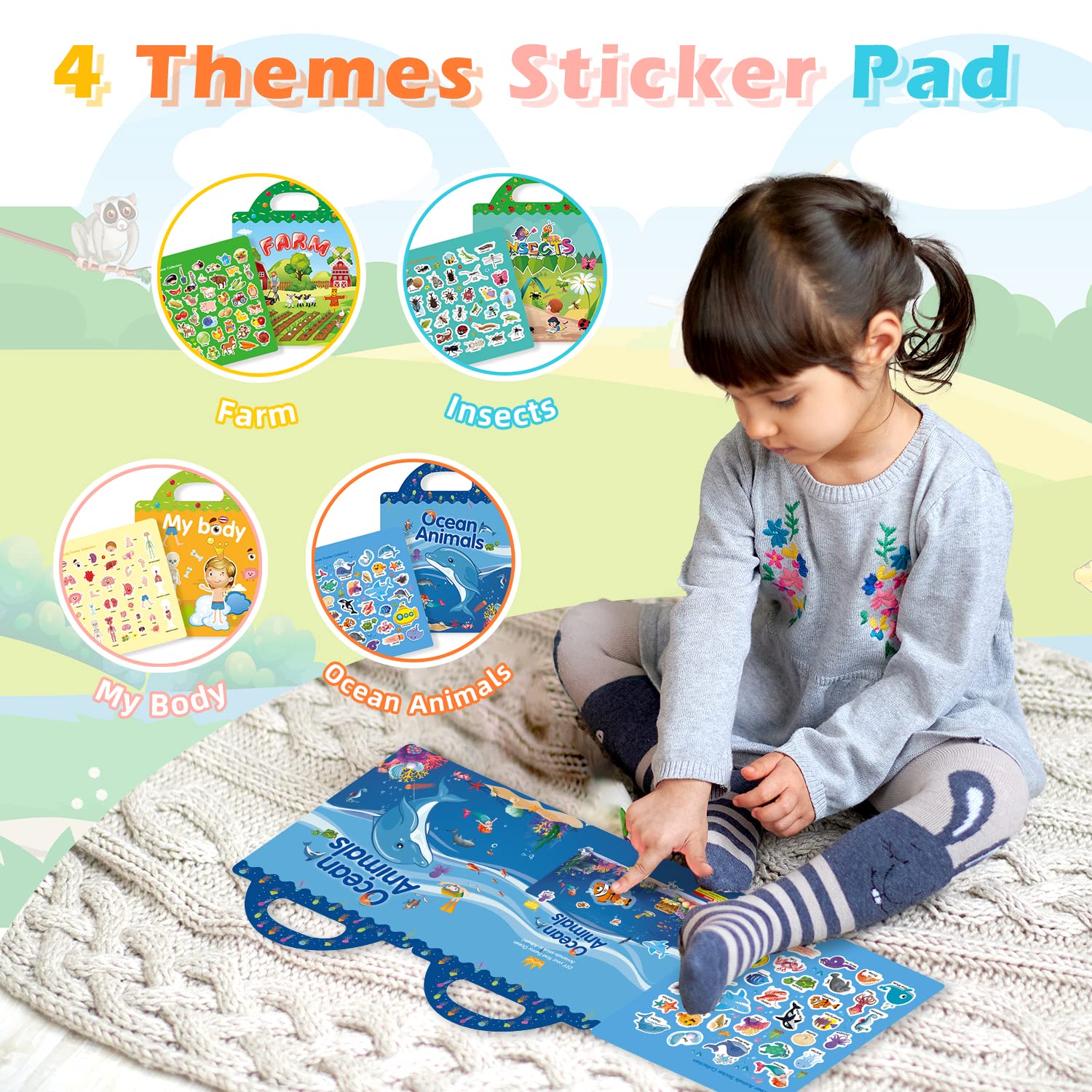 GUYUCOM 4-Pack Reusable Sticker Books for Kids - Educational DIY Arts & Crafts Toy Set 5