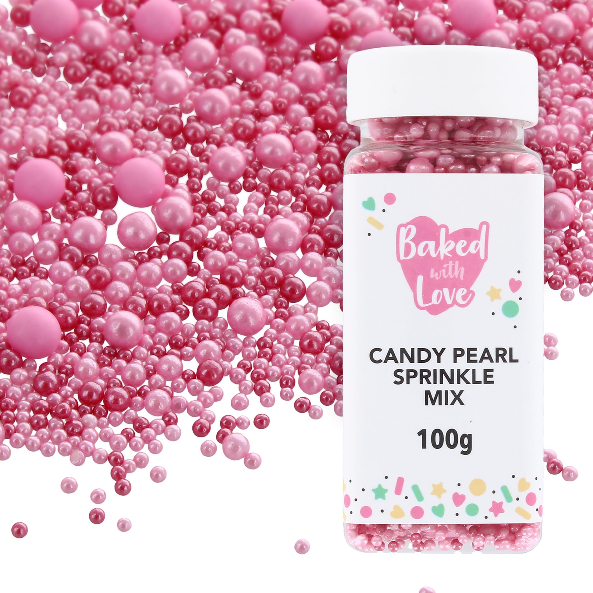 Baked with Love Candy Pearl Sprinkles - Pink Sugar Balls for Cakes | 100g Resealable Bottle 1