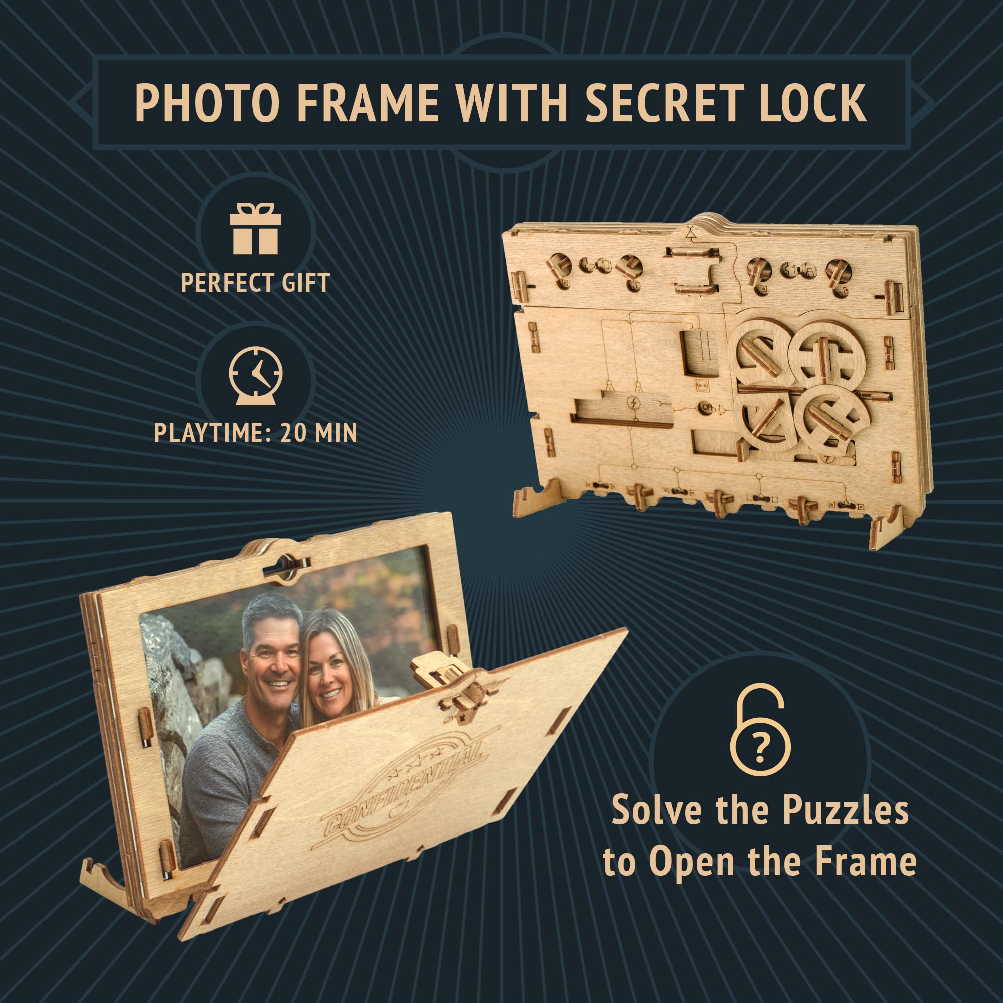 iDventure Clueframe - Secret Picture Frame Puzzle Box | Customizable 4-Digit Code | Birch Wood