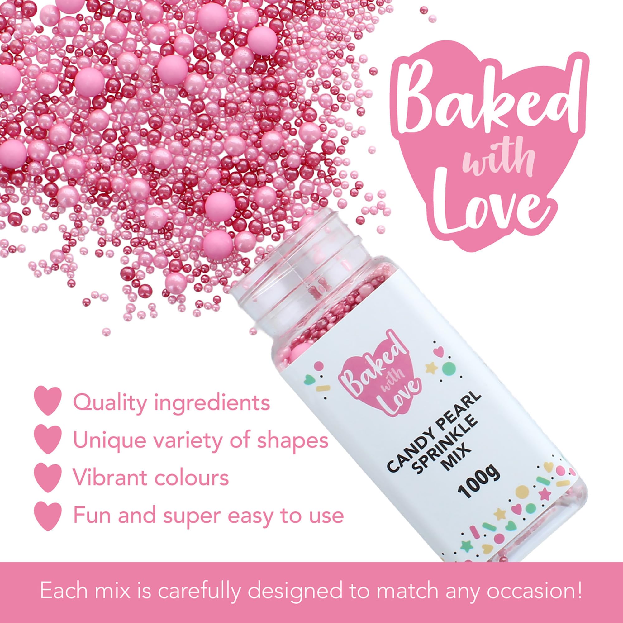 Baked with Love Candy Pearl Sprinkles - Pink Sugar Balls for Cakes | 100g Resealable Bottle 2