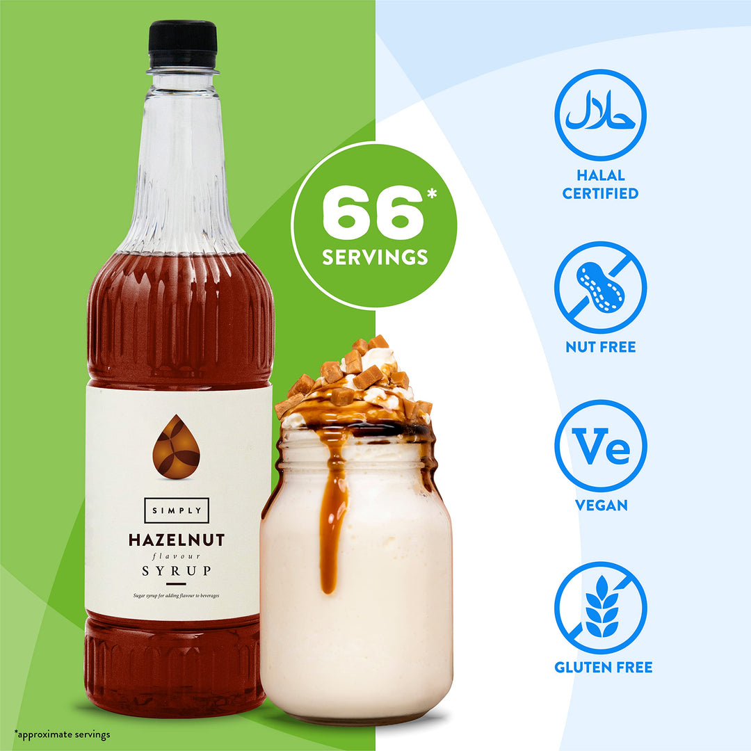 Simply - Hazelnut Syrup Vegan & Nut Free Flavoured Syrup for Coffee, Cocktails & Baking (1 Litre)
