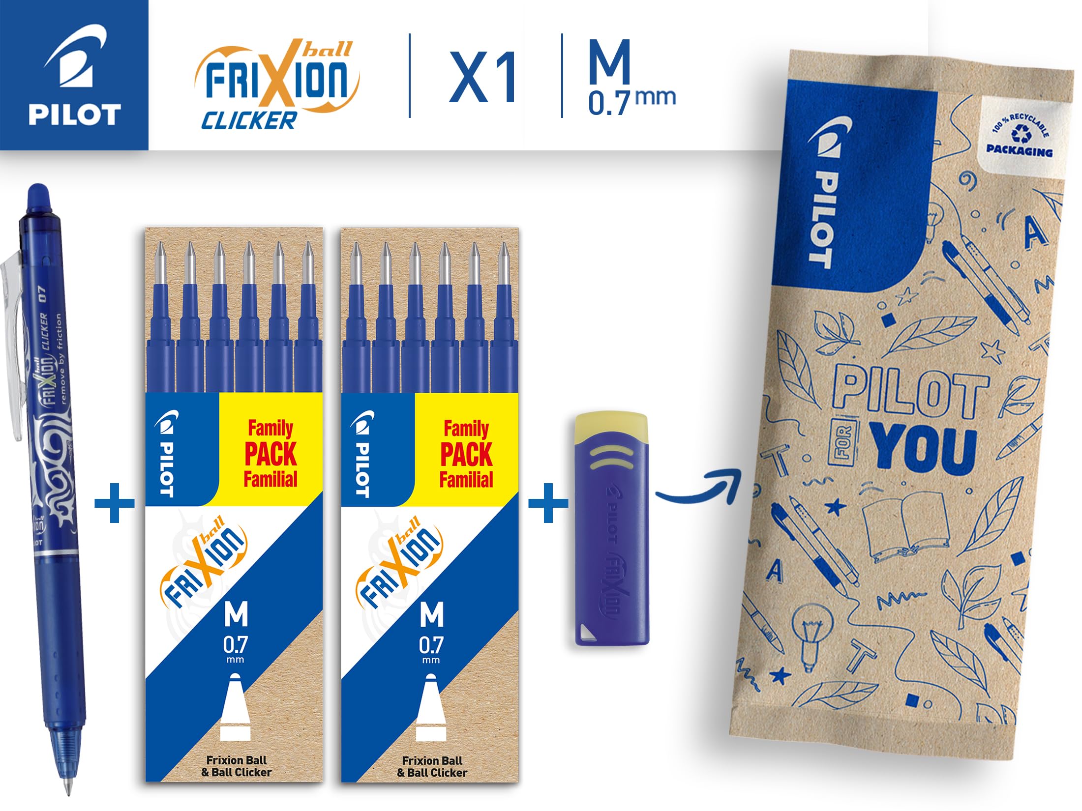 PILOT FriXion Clicker Erasable Rollerball Pen (Blue Ink) with 12 Refills and Eraser