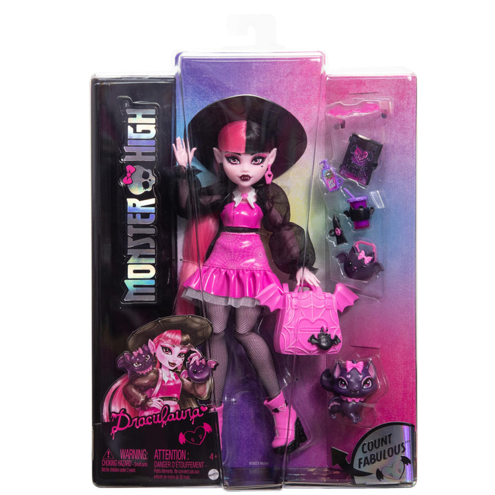 Monster High Draculaura Doll with Count Fabulous Pet & Accessories - Pink Fashion Vampire Doll for Kids