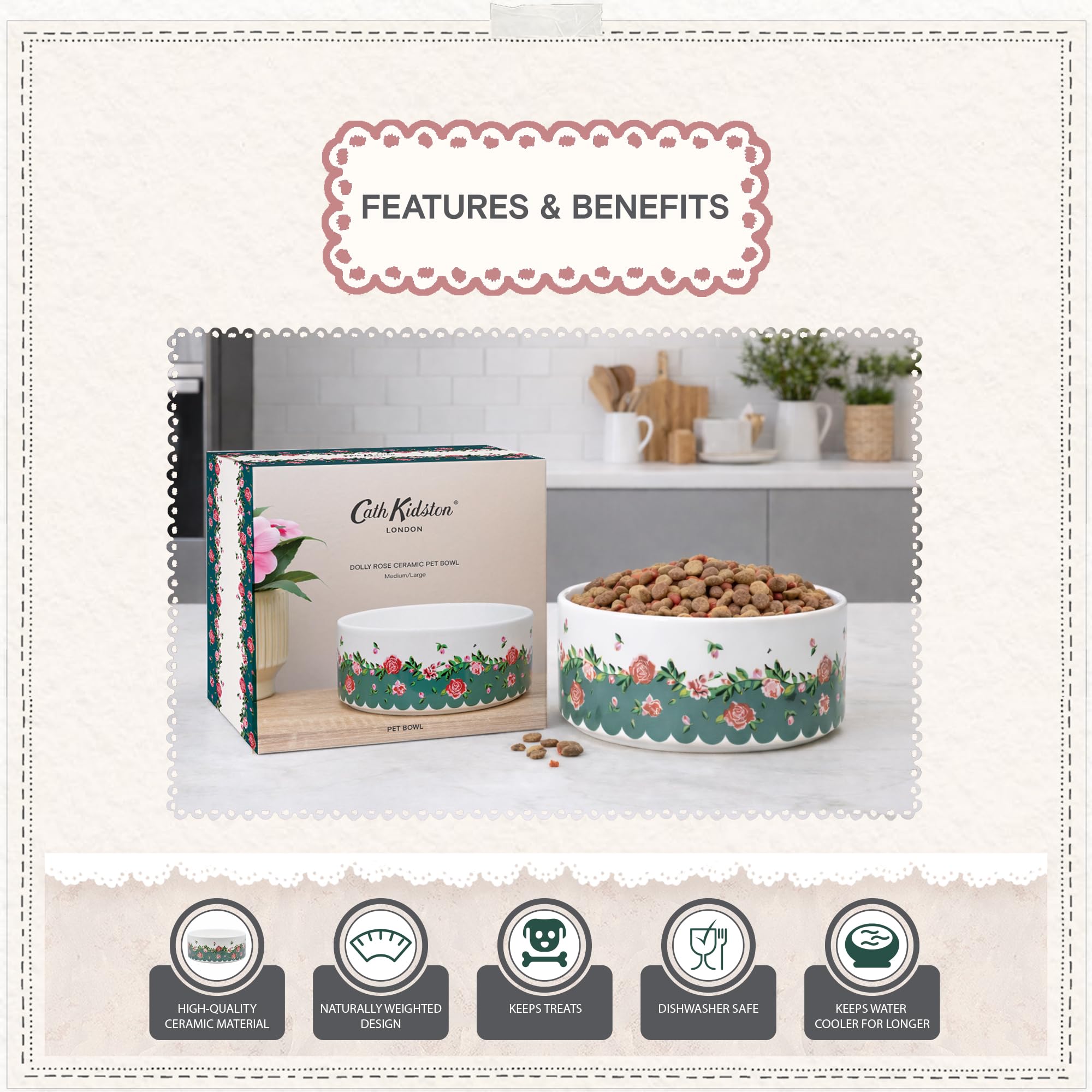 Pet Brands Cath Kidston Ceramic Large Dog Bowl - 1.4L Capacity | Dolly Rose Print