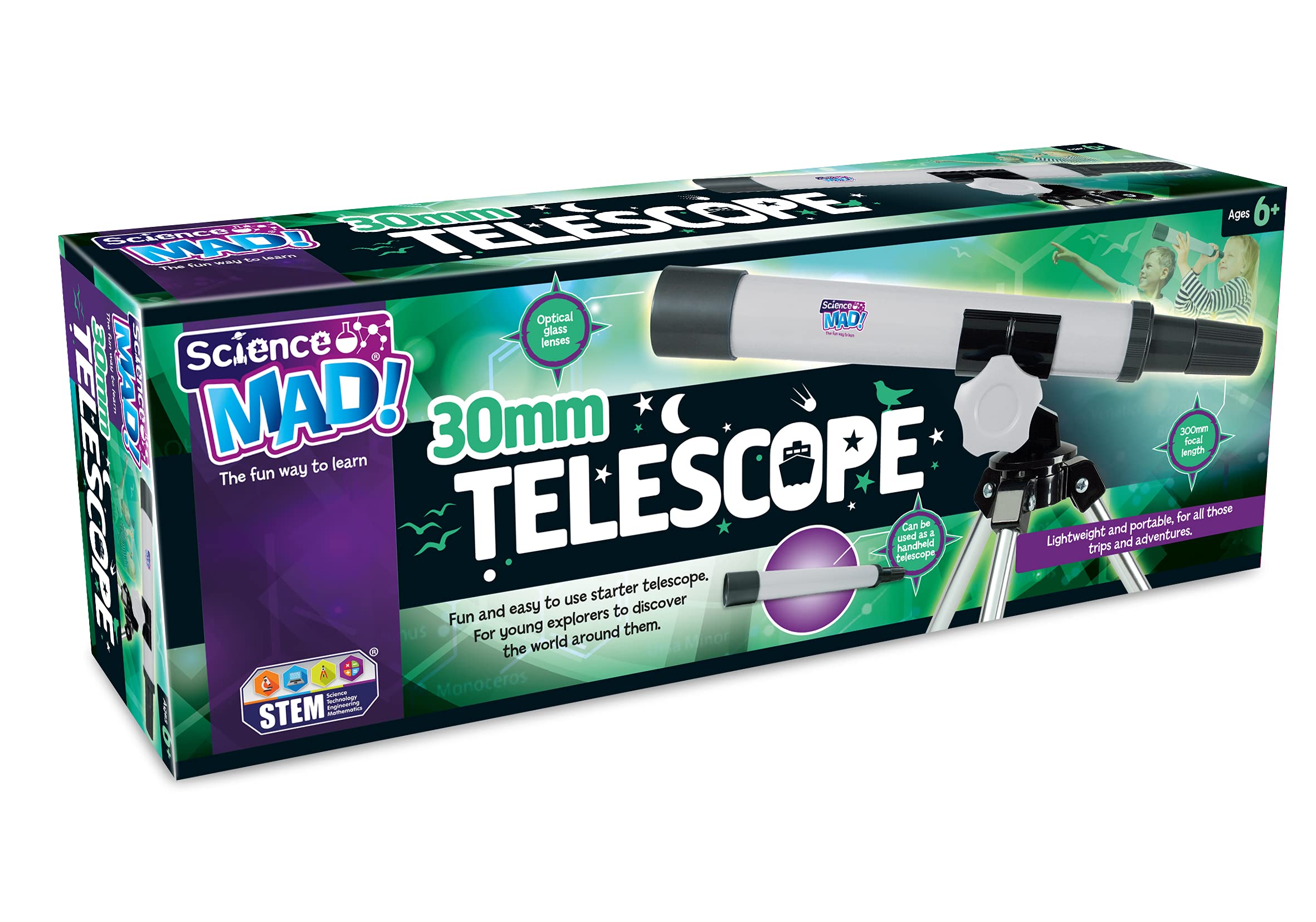 Science Mad 30mm Telescope for Kids - 15x Magnification Starter Scope with Tripod | Ages 6+