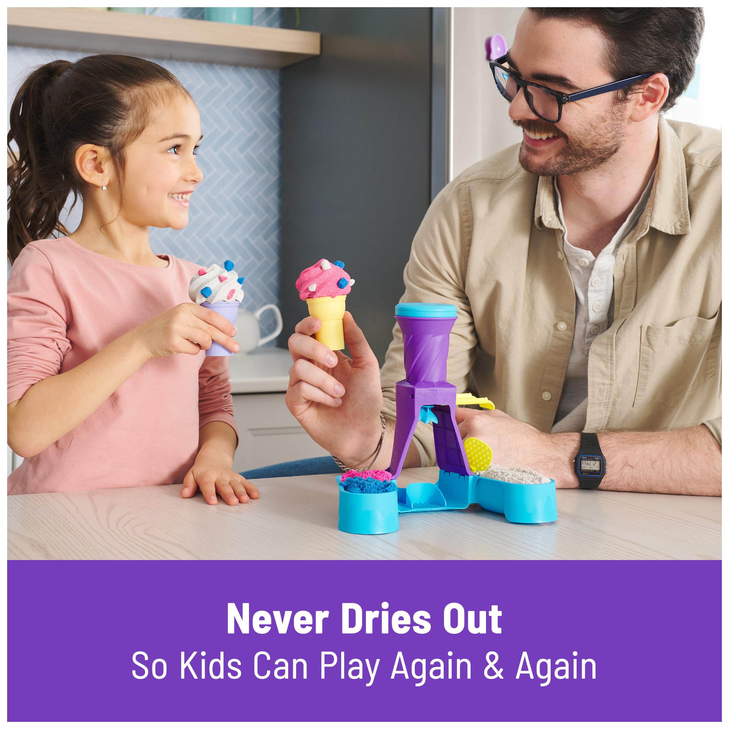 Kinetic Sand Soft Serve Station Craft Kit with 396g Sand (Blue, Pink, White) | Ages 5+ 6
