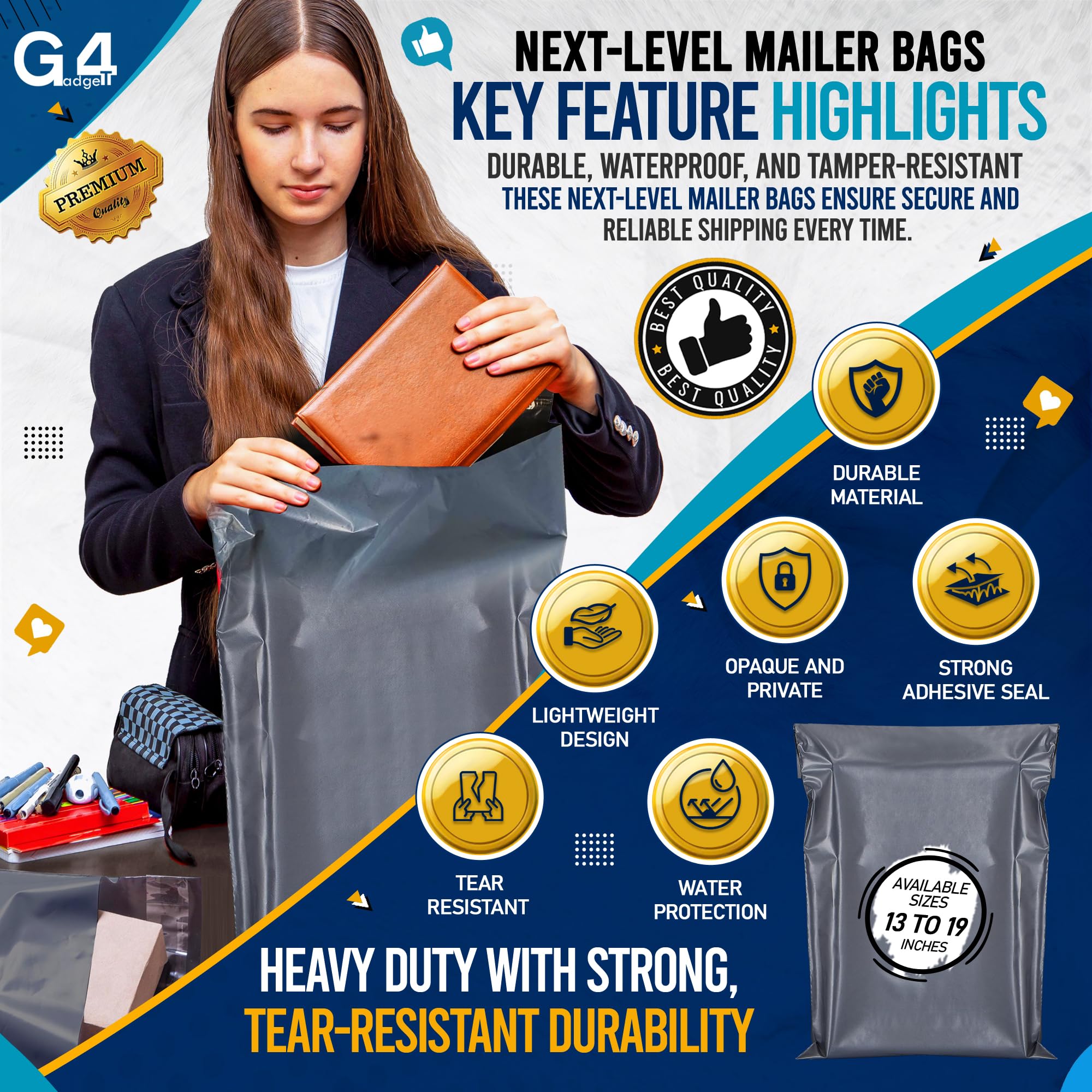 G4GADGET Grey Mailing Bags - 50 Pack, 13x19 Inch, Heavy Duty Plastic for eCommerce