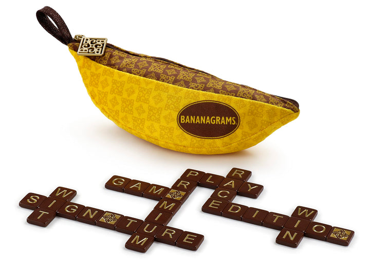BANANAGRAMS Signature Edition Word Game - 144 Tiles, 10 Luxe Tiles, Premium Fabric Pouch - 1-8 Players