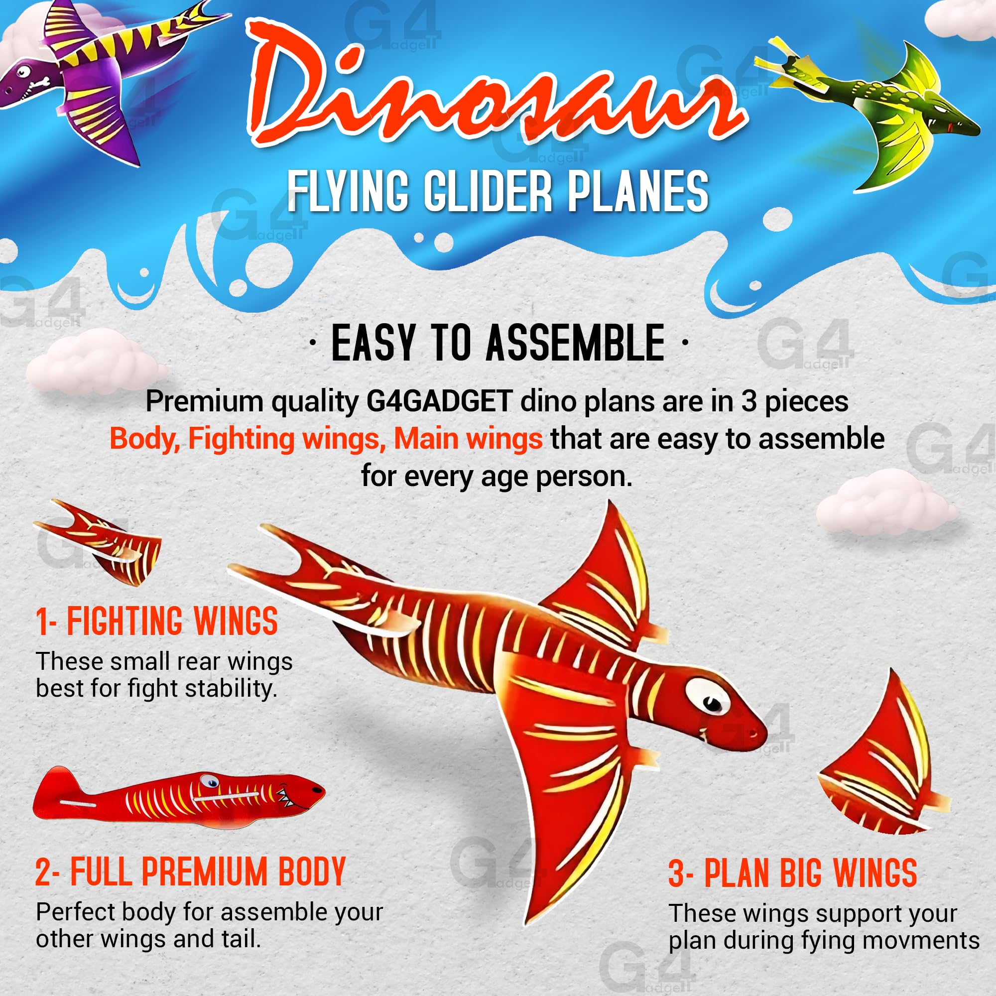 G4GADGET Dinosaur Flying Glider Planes - Pack of 12, Lightweight Foam Gliders for Kids 3+ 6